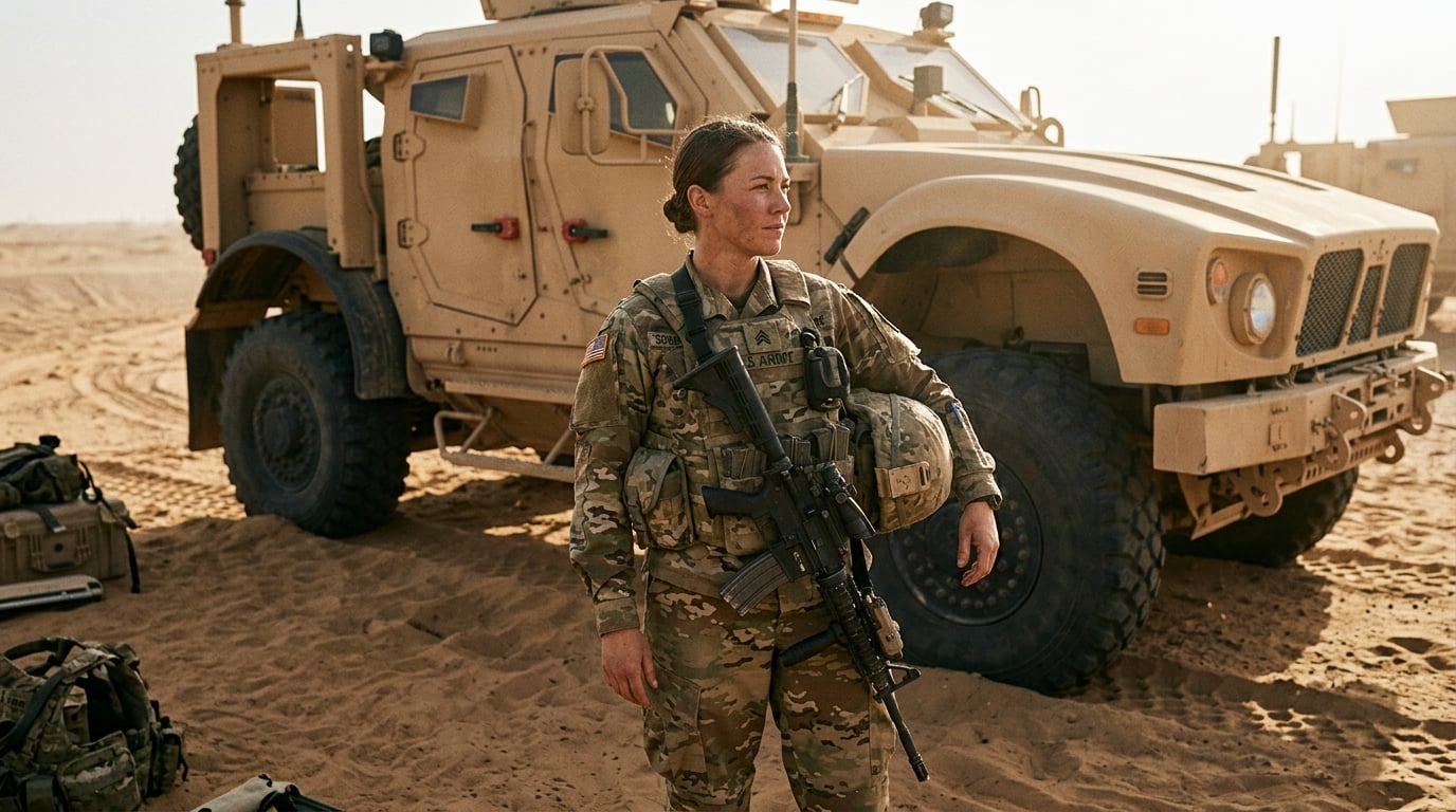A woman service member beside a military tactical vehicle in a training environment
