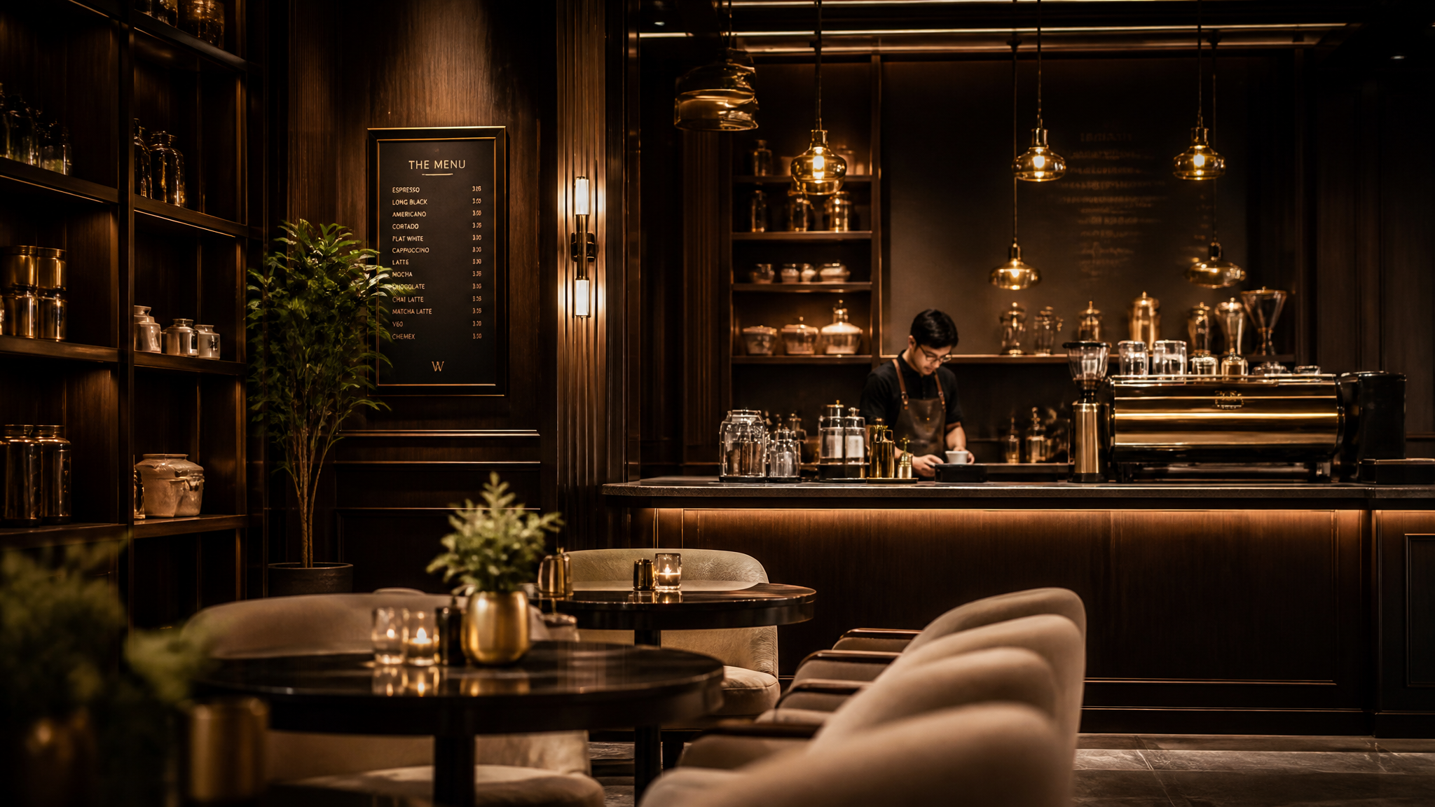 Interior premium del club de café JOAB con iluminación cálida y acentos dorados
