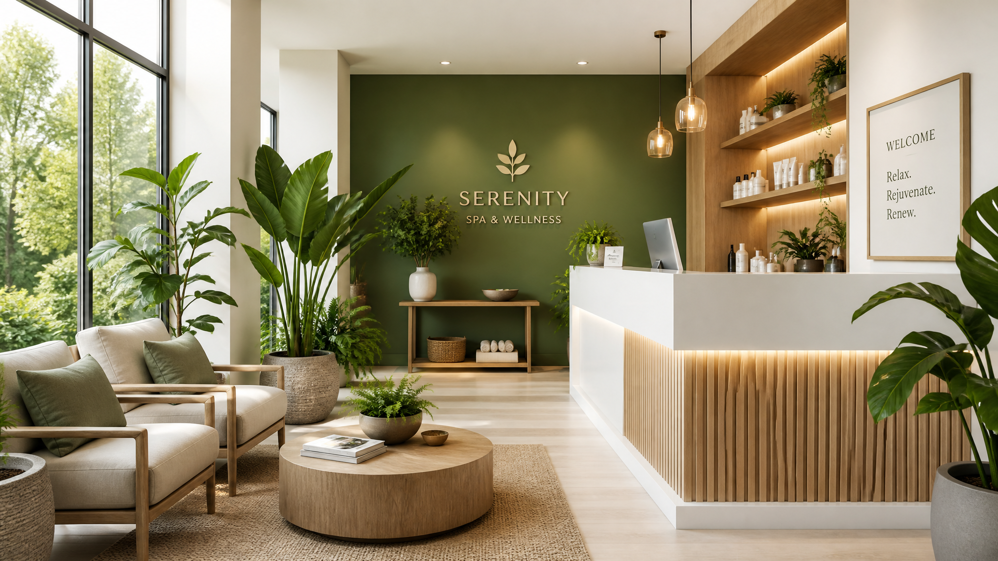 Recepção moderna do spa com plantas e luz natural
