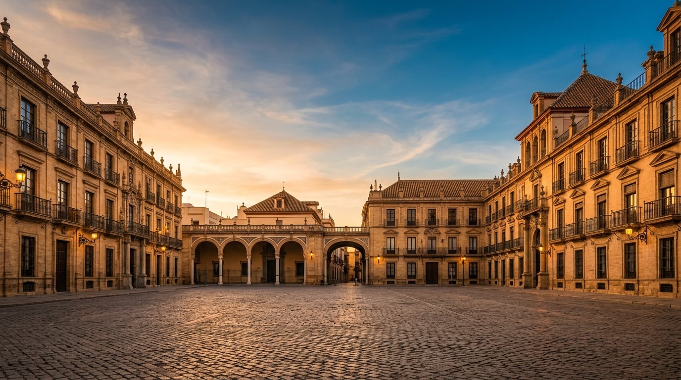 A sun-drenched Spanish plaza at golden-hour sunset