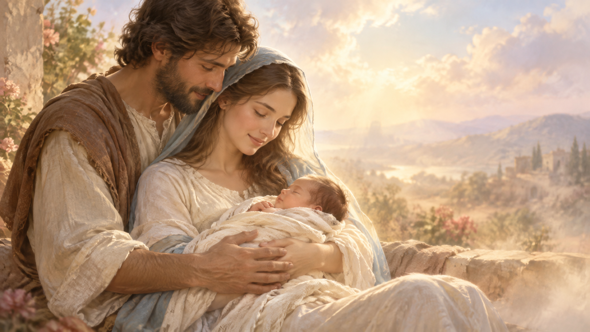 A loving couple gently cradling their baby in warm golden light