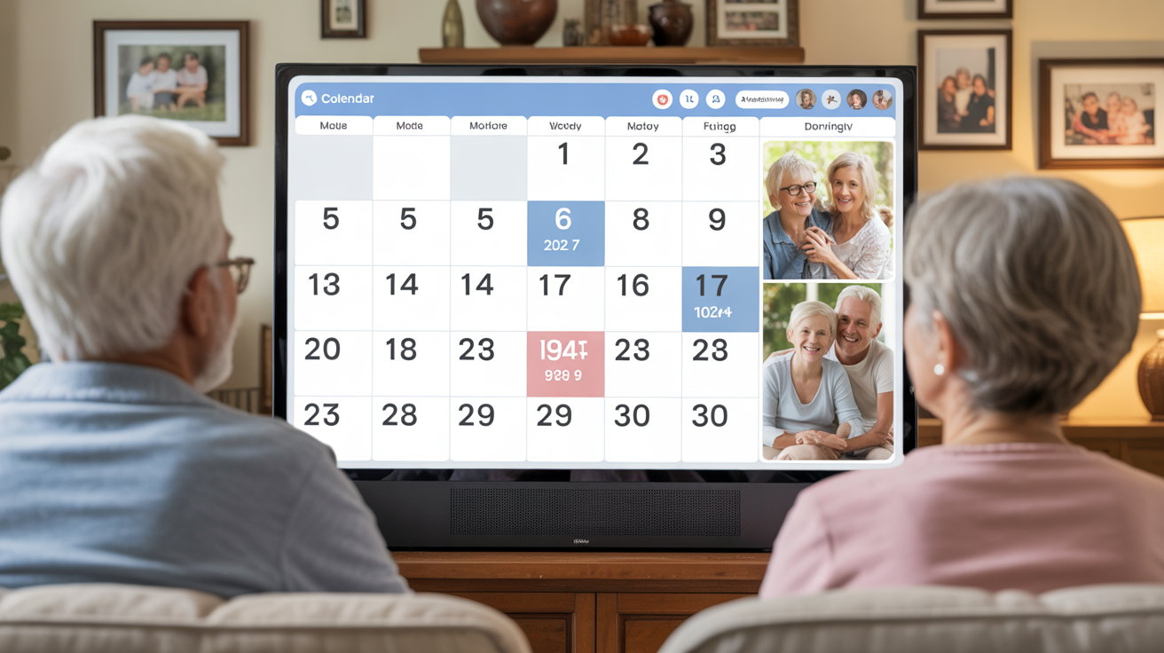 Elderly couple using Skylight Calendar in comfortable living room