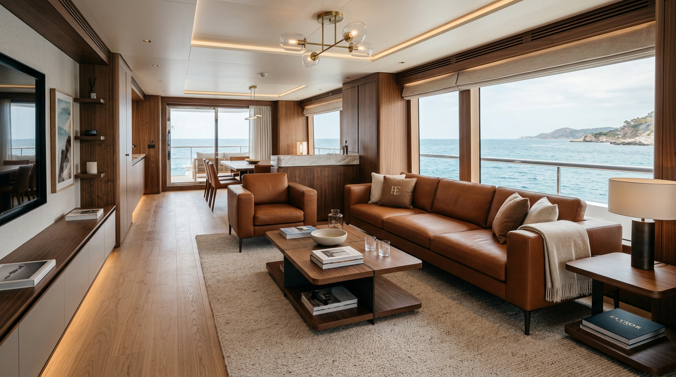 Luxury yacht interior with warm wood panelling and leather seating