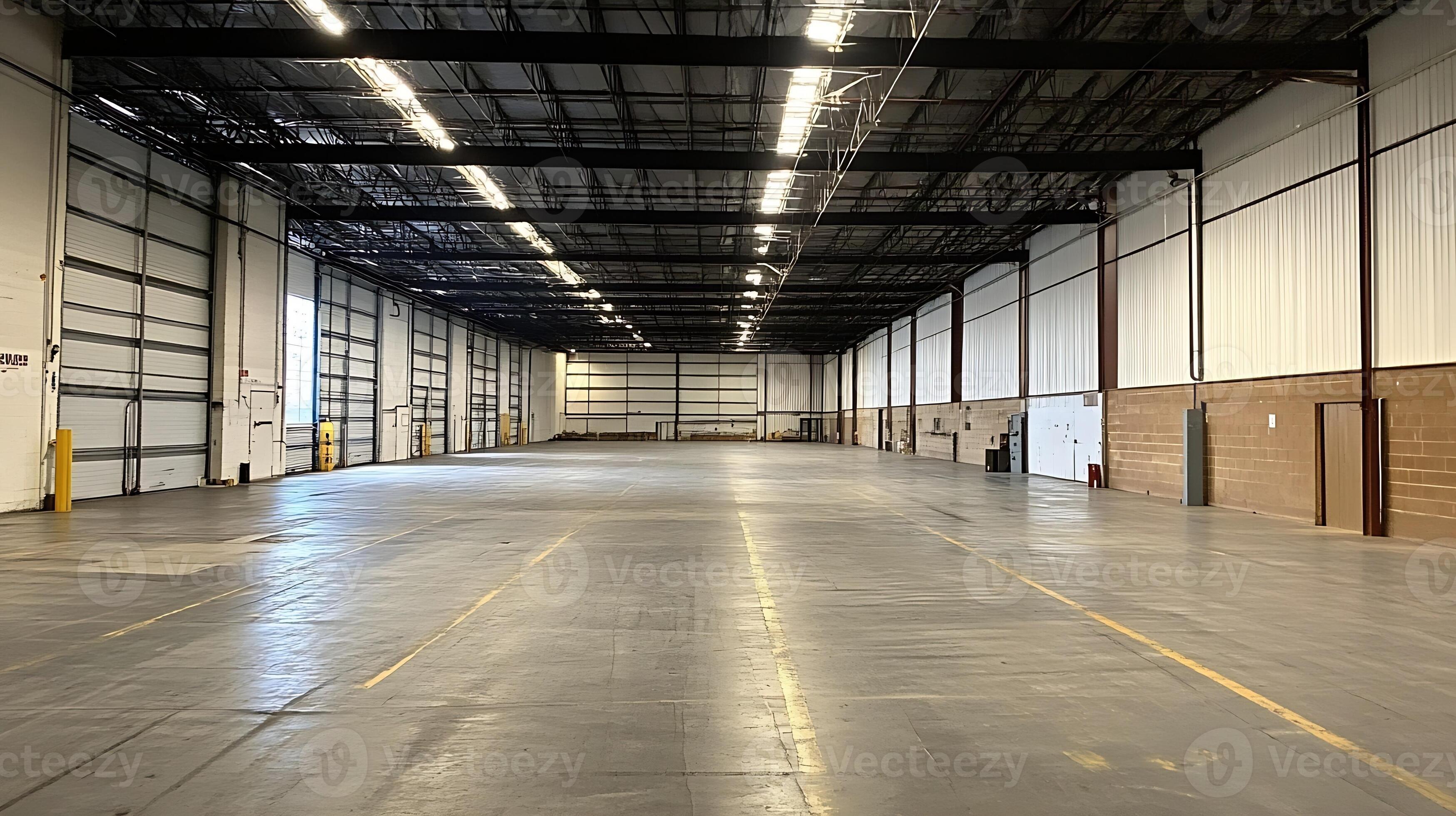 Large industrial warehouse interior with high ceilings and open floor space