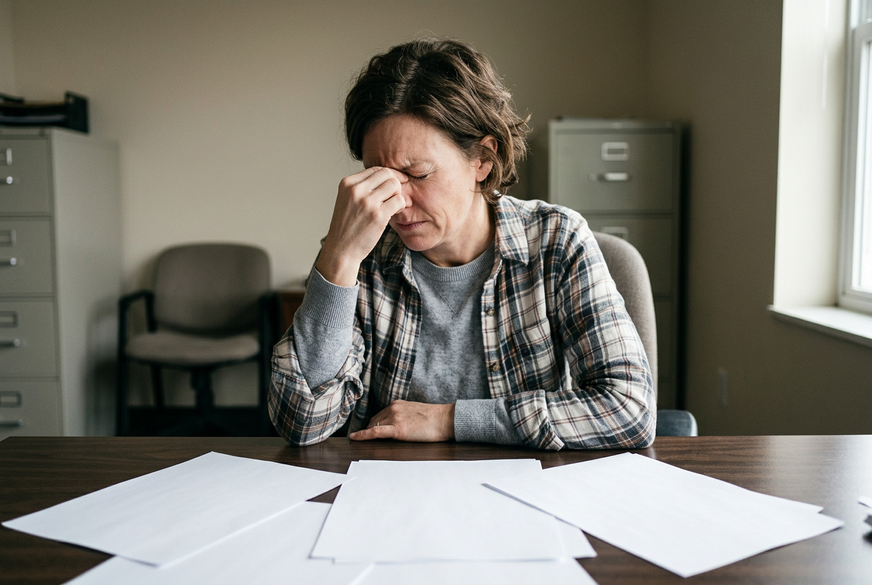 A woman veteran at a desk pinching the bridge of her nose in frustration, unable to concentrate
