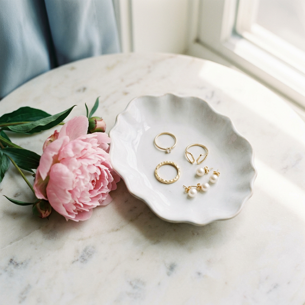 Jewelry dish with gold rings and pearl studs beside a pink peony