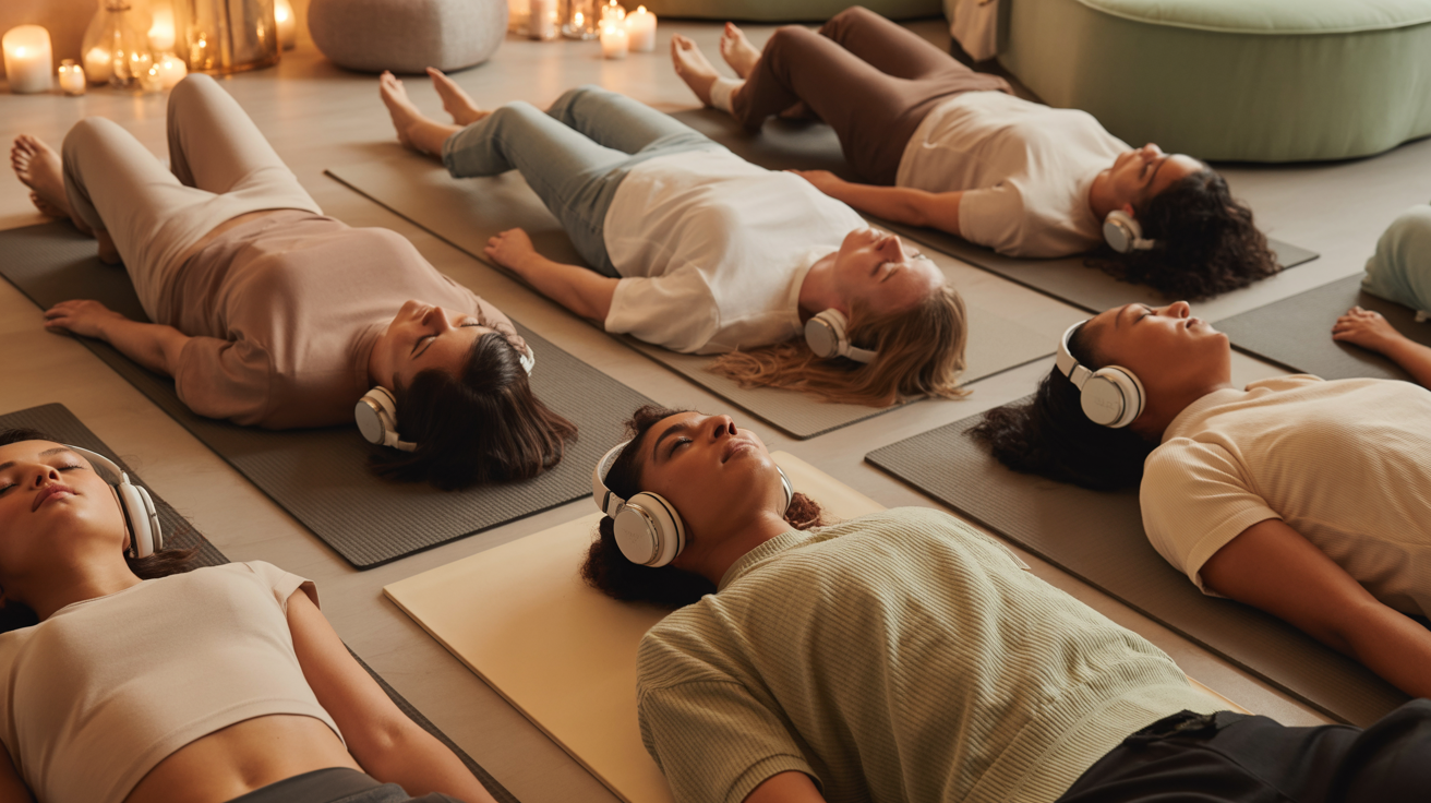 Grupo de personas en sesión de breathwork con audífonos en estudio premium