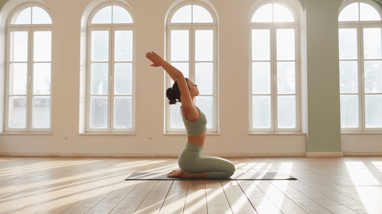 Bright, minimalist yoga studio with natural light and wooden floors