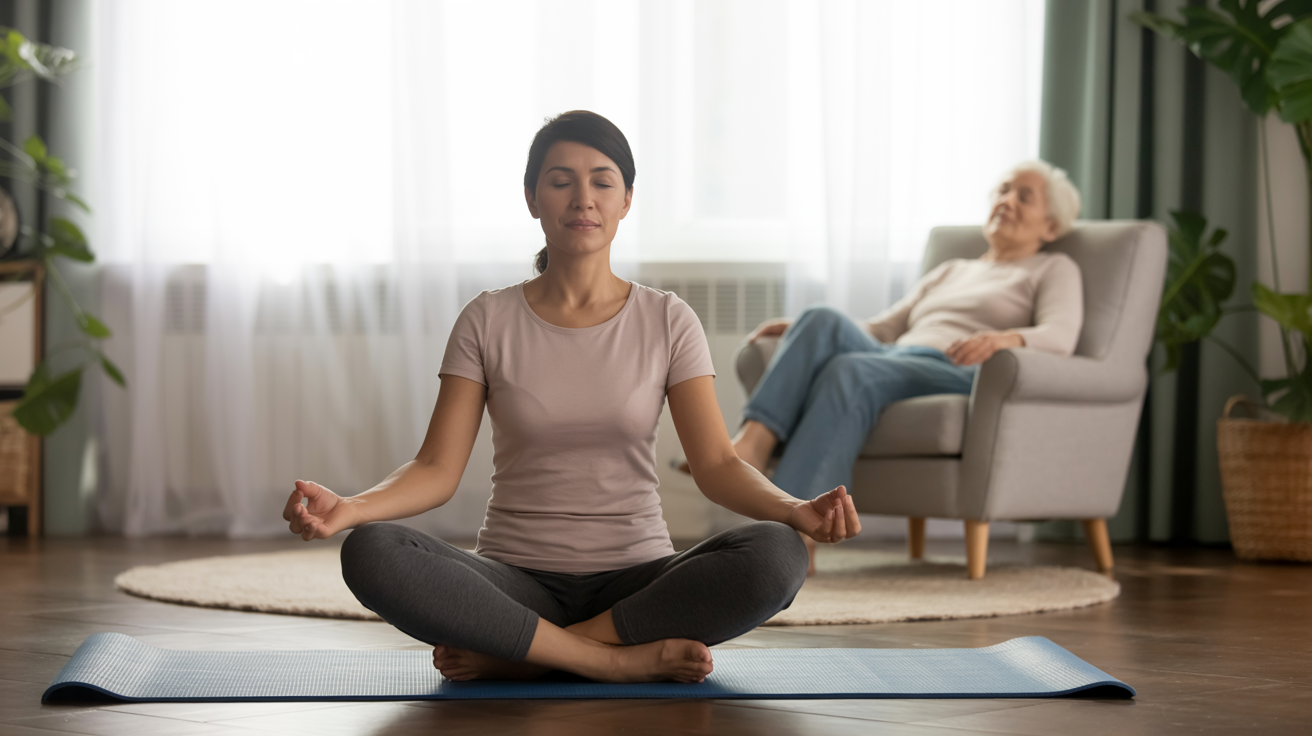 Caregiver practicing self-care through meditation and yoga