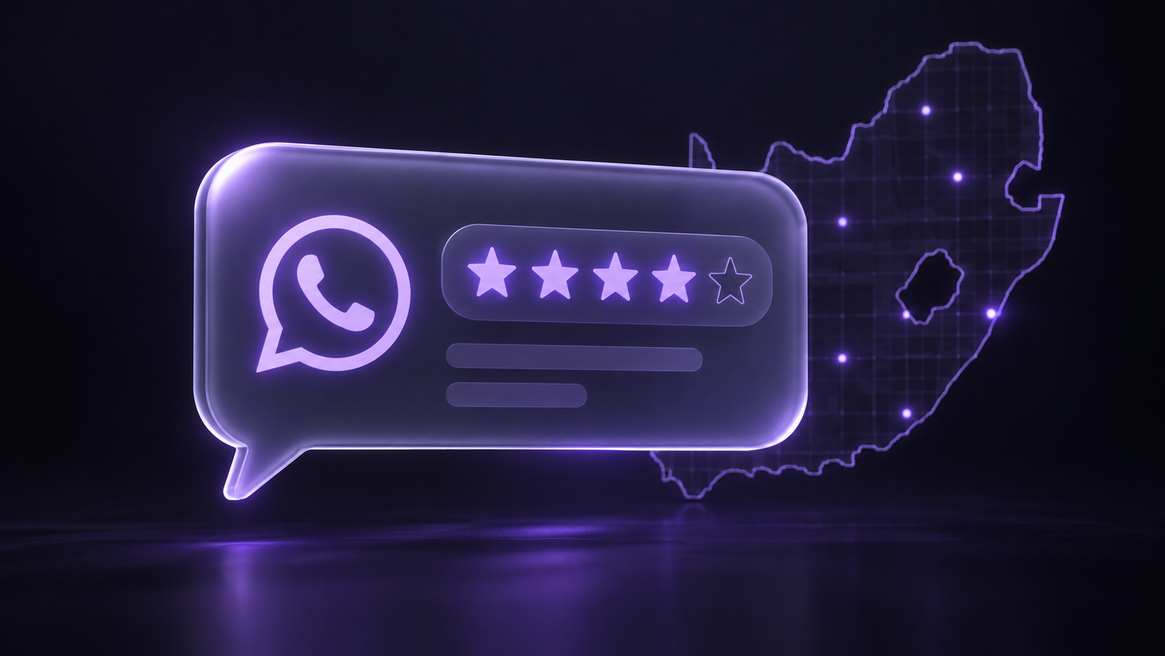 A frosted glass WhatsApp chat bubble with a violet review request message floating in the dark against a faint South African map grid