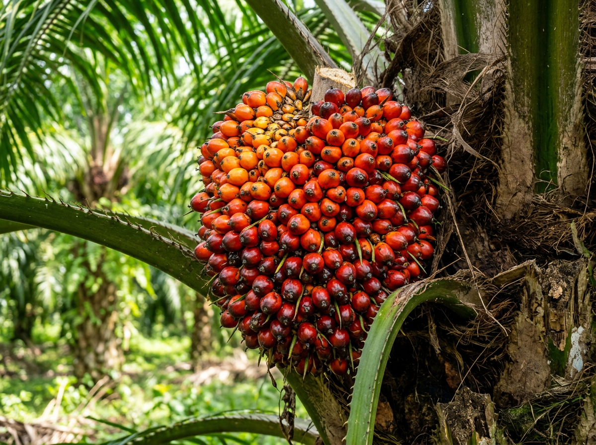 Red palm fruit bunches close-up