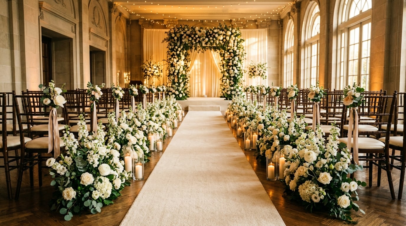Elegant wedding aisle with flowers