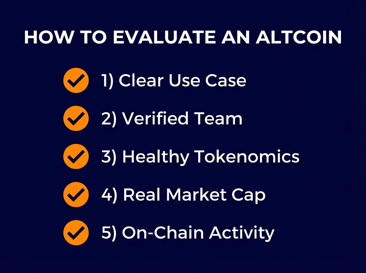 Bitcoin vs altcoins evaluation checklist infographic with 5 criteria for beginners