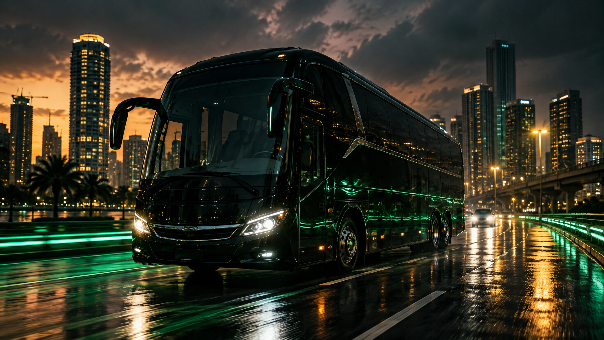 Premium commercial coach bus on a reflective urban road at dusk with emerald light trails