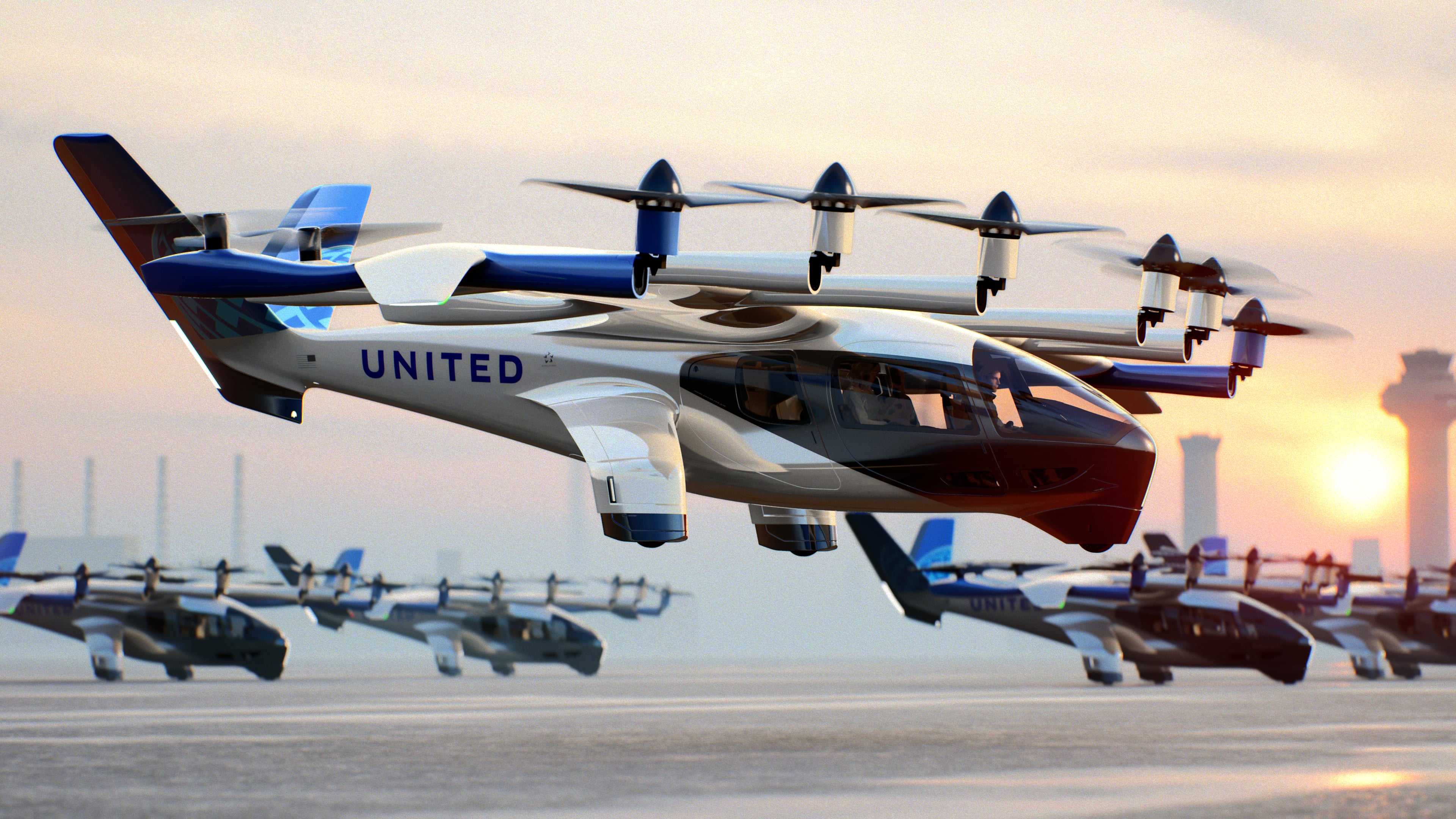 eVTOL air taxis on the ground at a modern vertiport