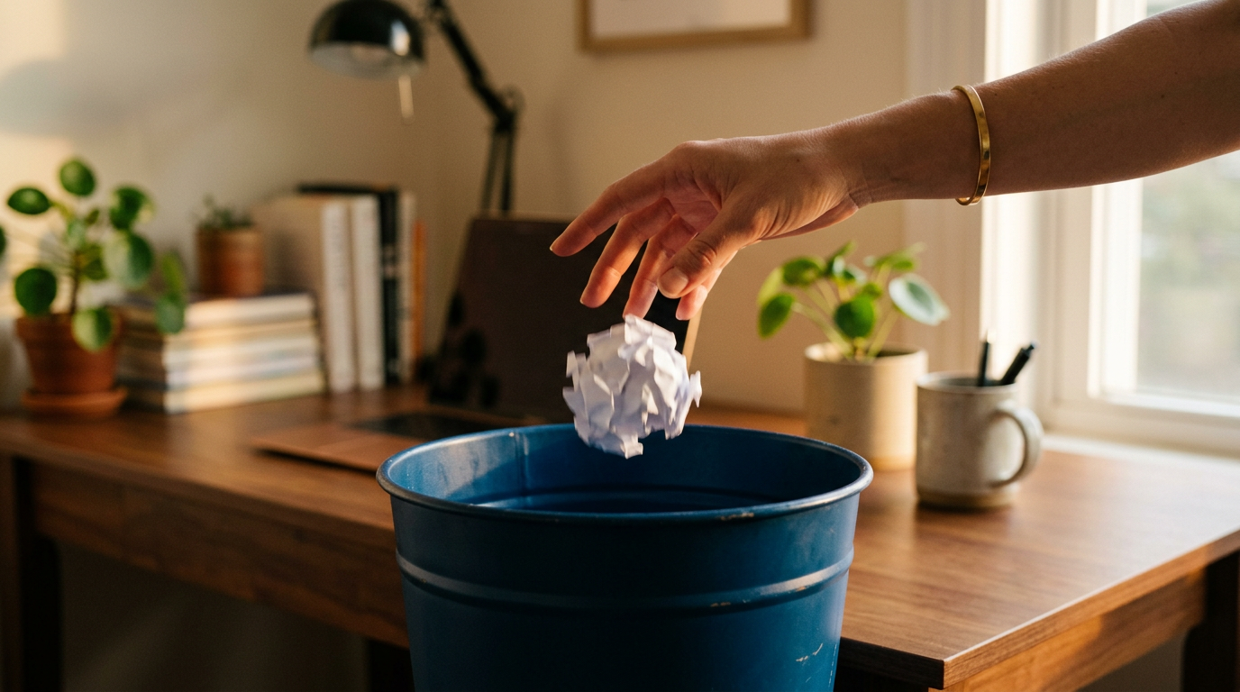 Mão descartando papel amassado na lixeira simbolizando desapego produtivo