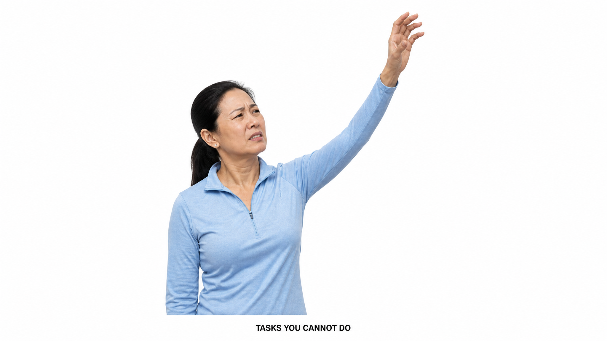 Clinical teaching photograph of a veteran reaching upward toward a high shelf and wincing, the arm falling short of the reach