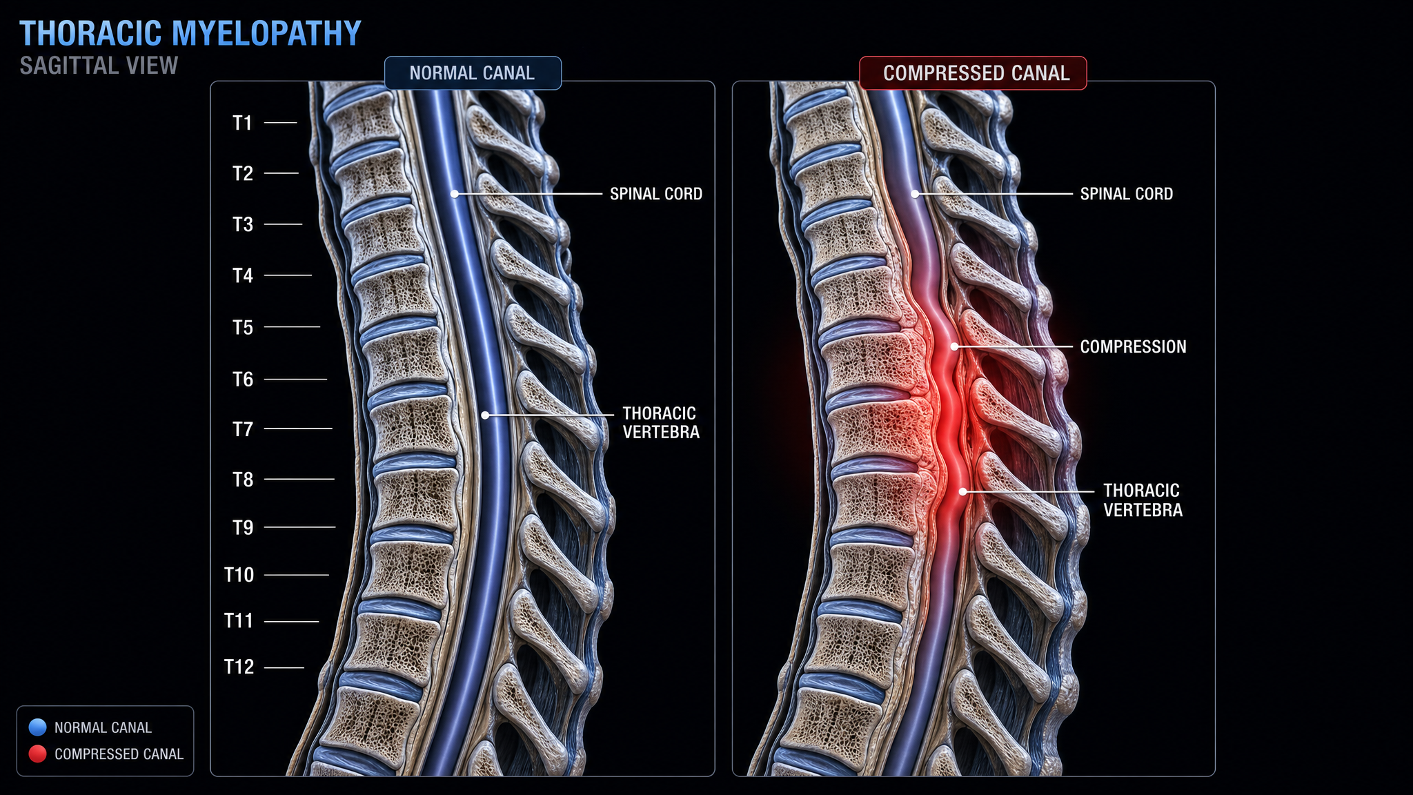 Thoracic myelopathy diagram, normal vs compressed spinal canal comparison