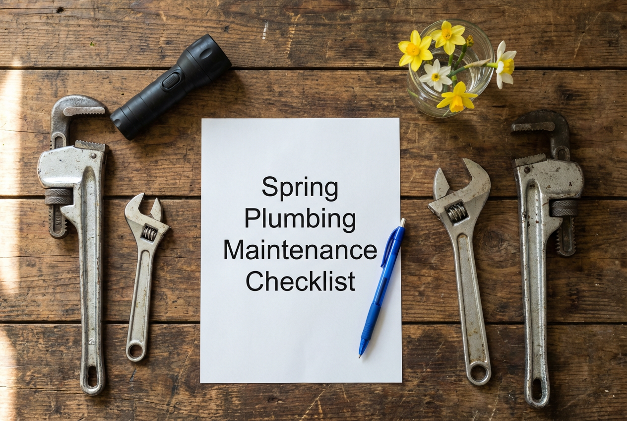 Spring plumbing maintenance checklist displayed alongside essential plumbing tools and supplies