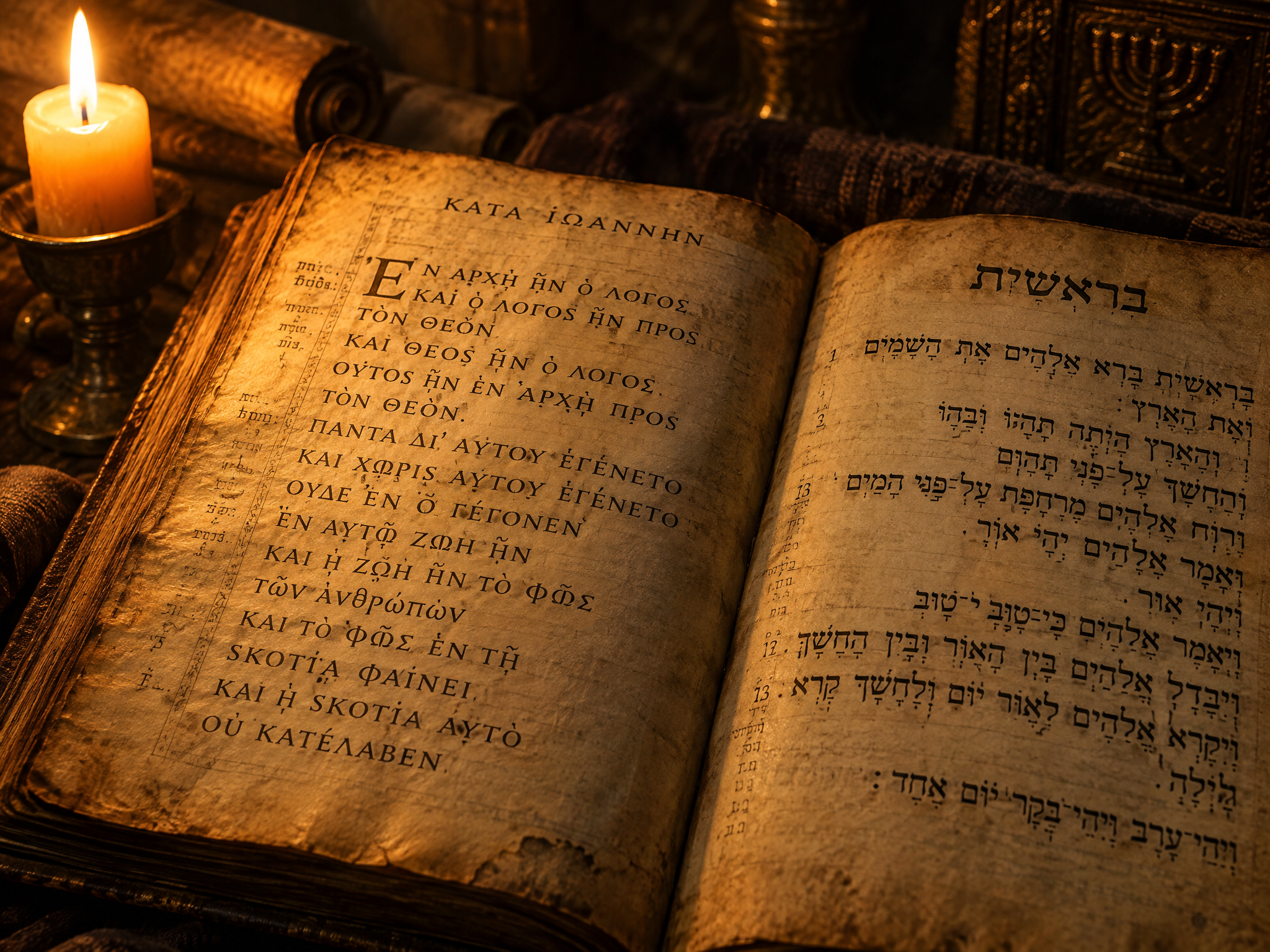 Ancient scripture manuscript illuminated by candlelight