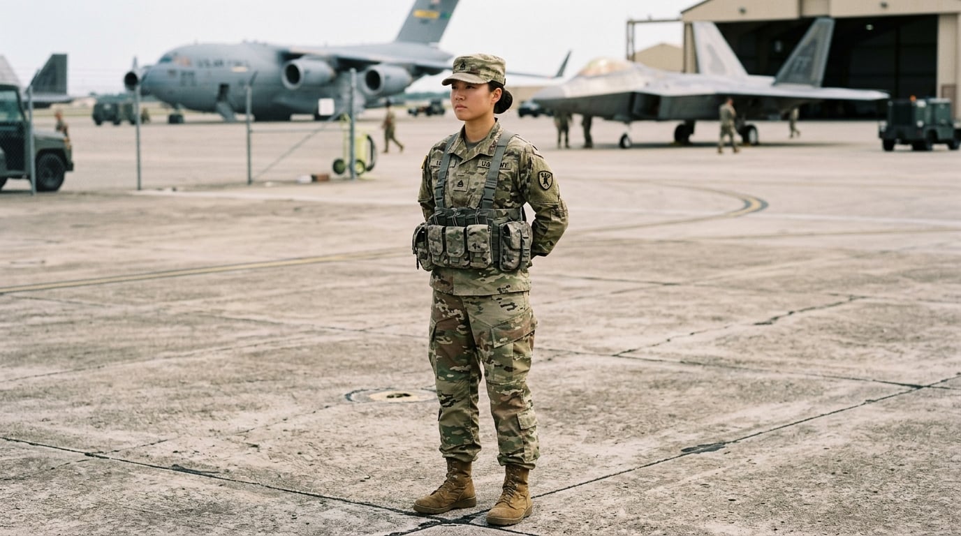 A woman airman standing for hours on a hard flight line