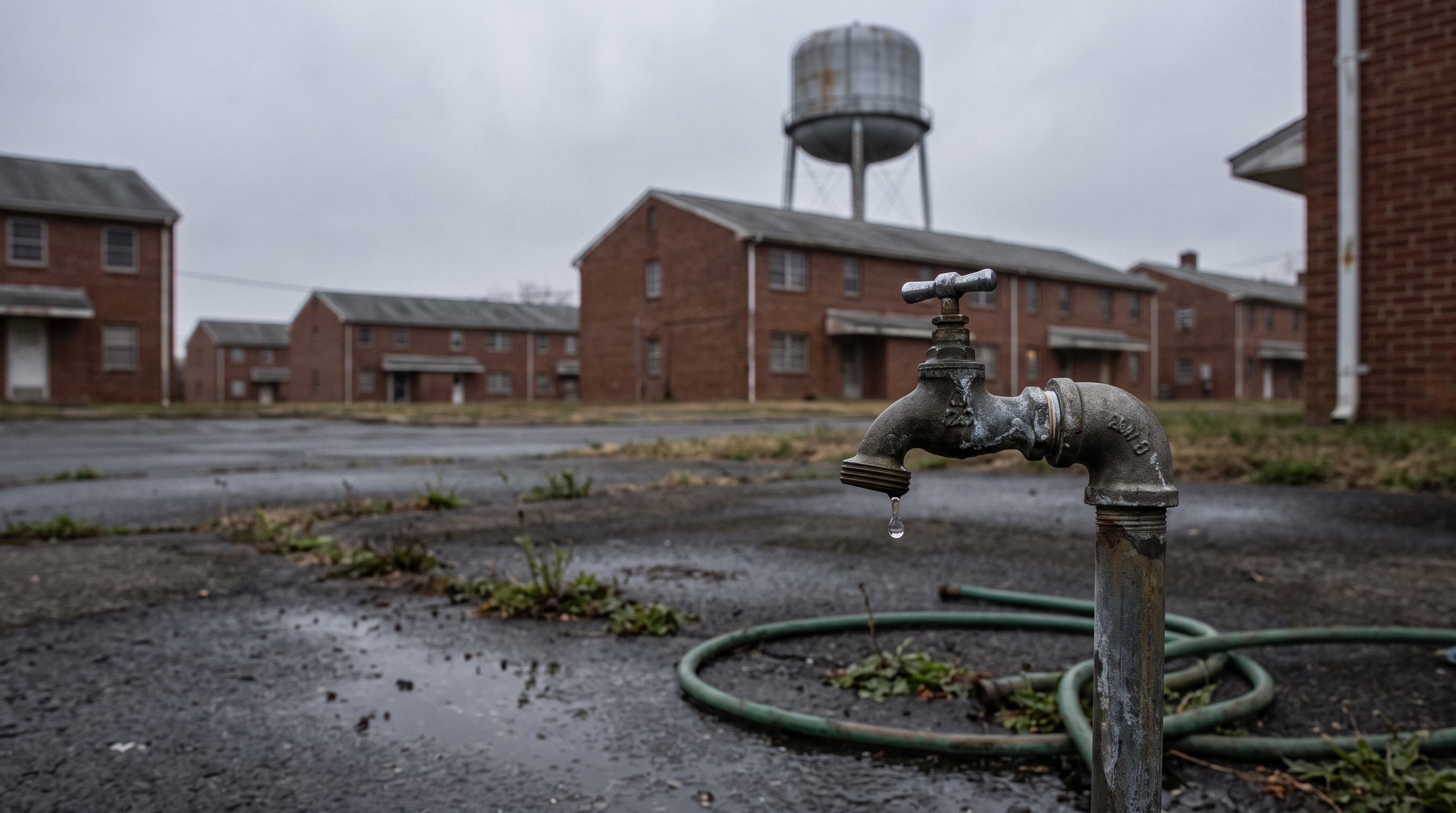 An aging military base with an old water tower and a weathered outdoor water spigot
