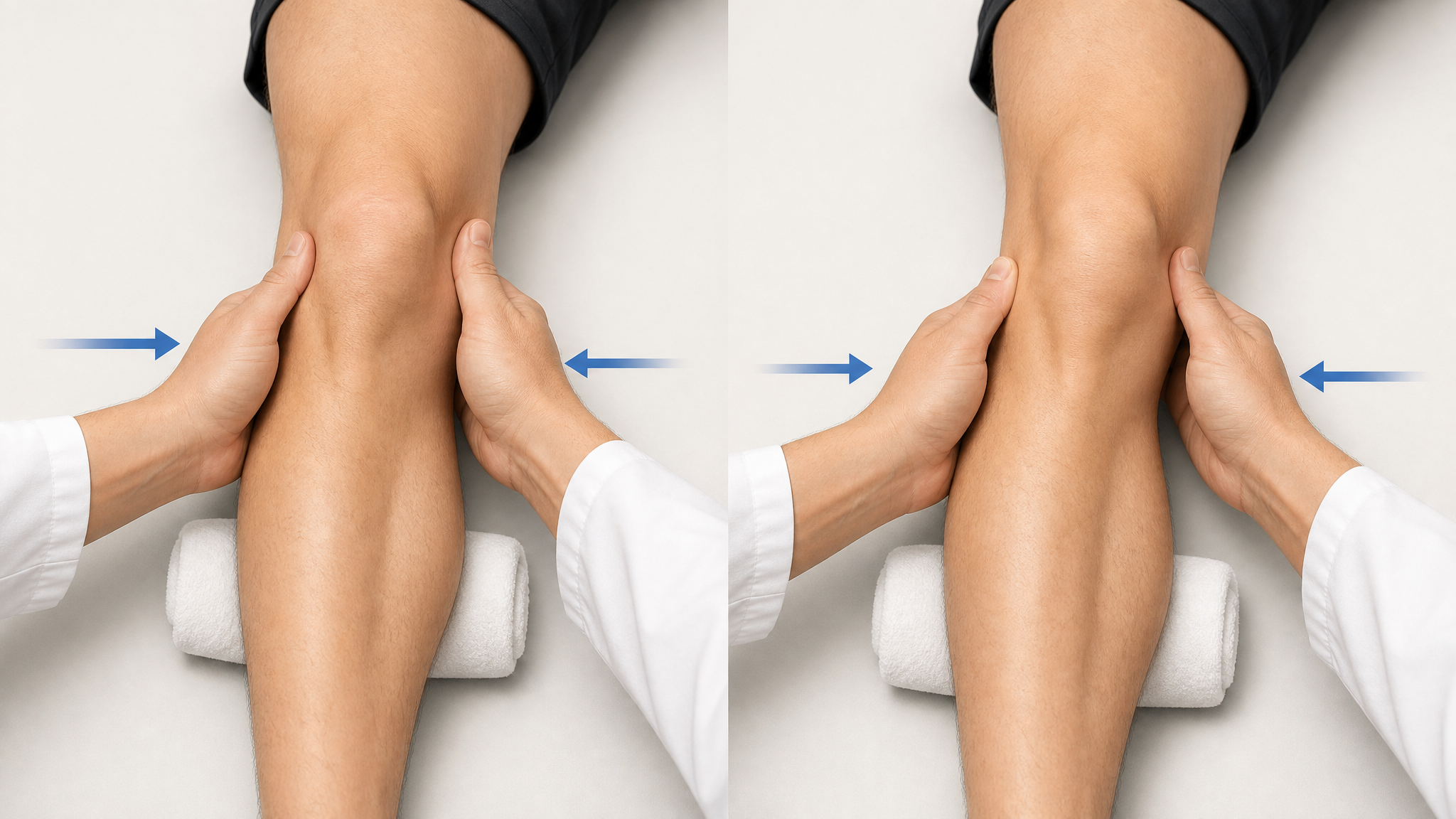 Clinical illustration of the valgus and varus stress test with hands applying sideways force to a straightened knee