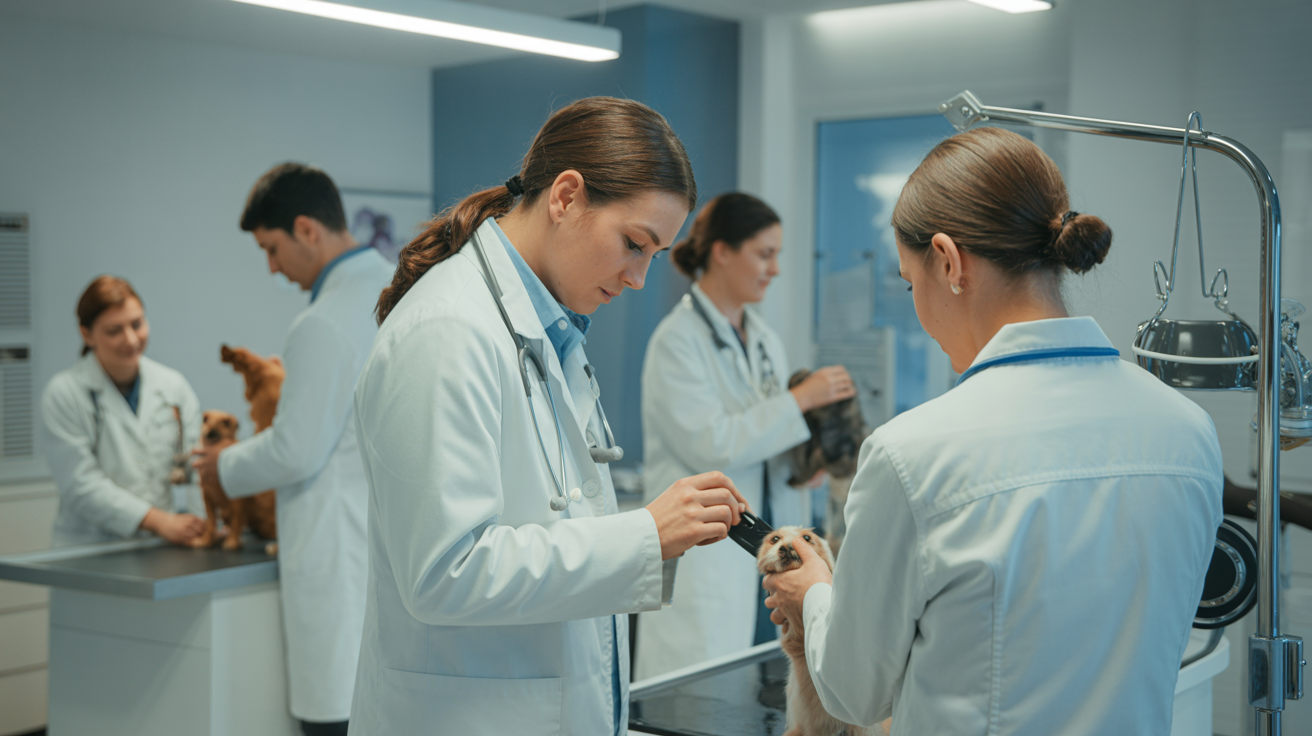 Veterinários profissionais em clínica moderna