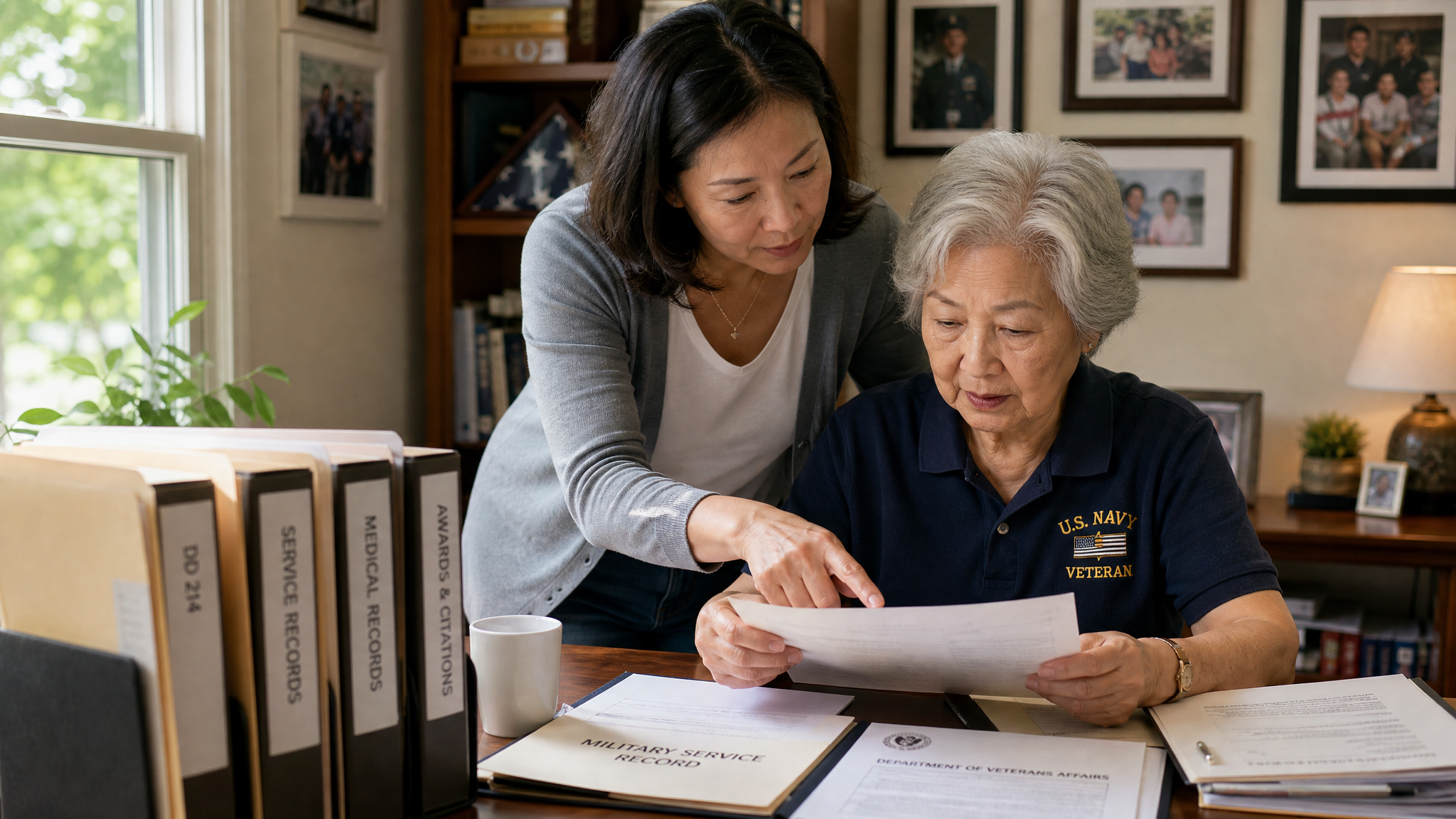 An East Asian American female veteran organizing her official military records and correction forms on a table