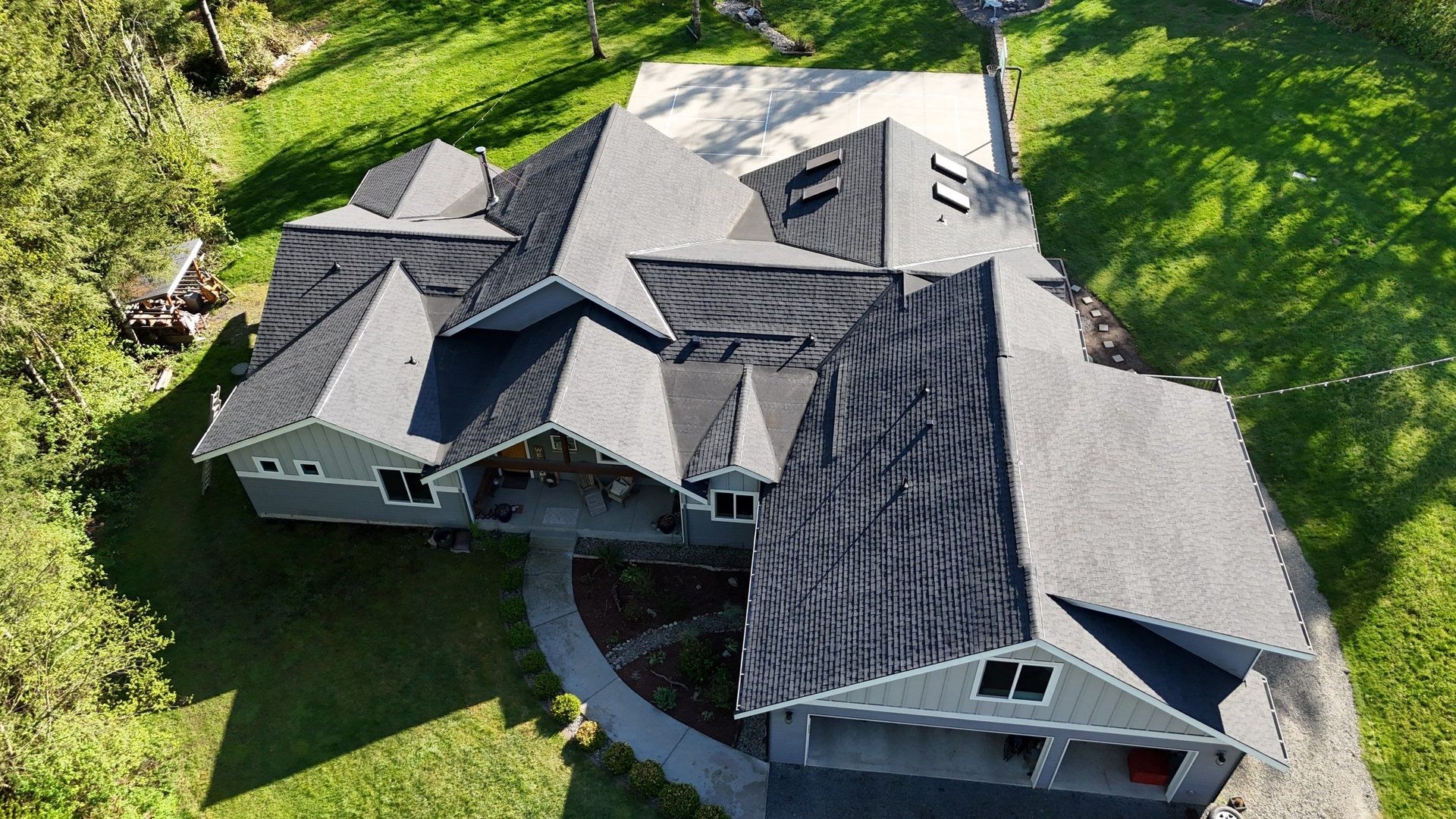 Aerial view of completed roofing project