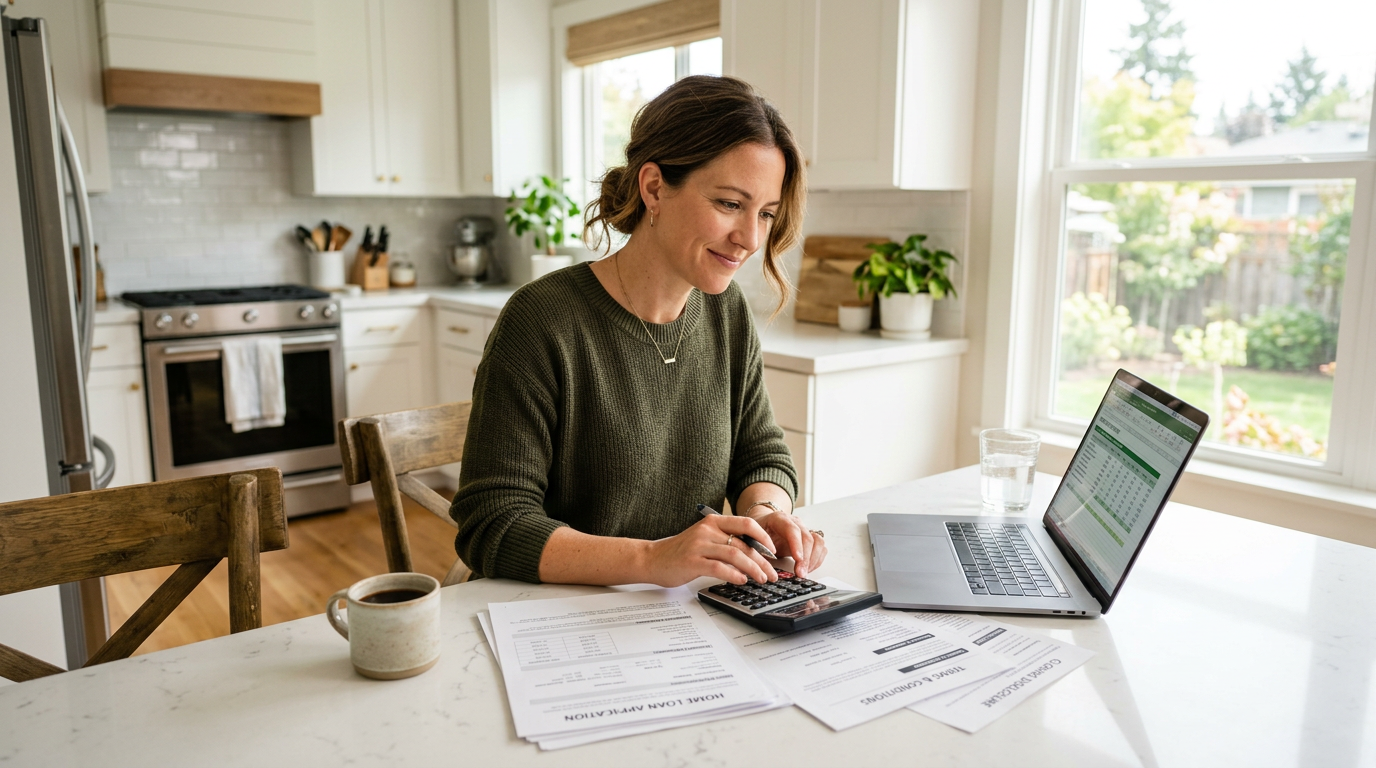 A person comparing personal-loan options at a sunlit kitchen table with a laptop and calculator