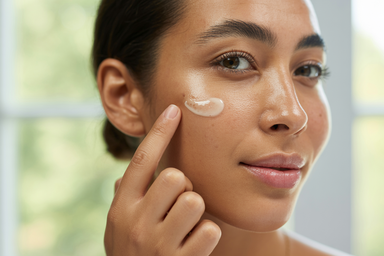 Woman applying CBD serum for balanced combination skin care routine