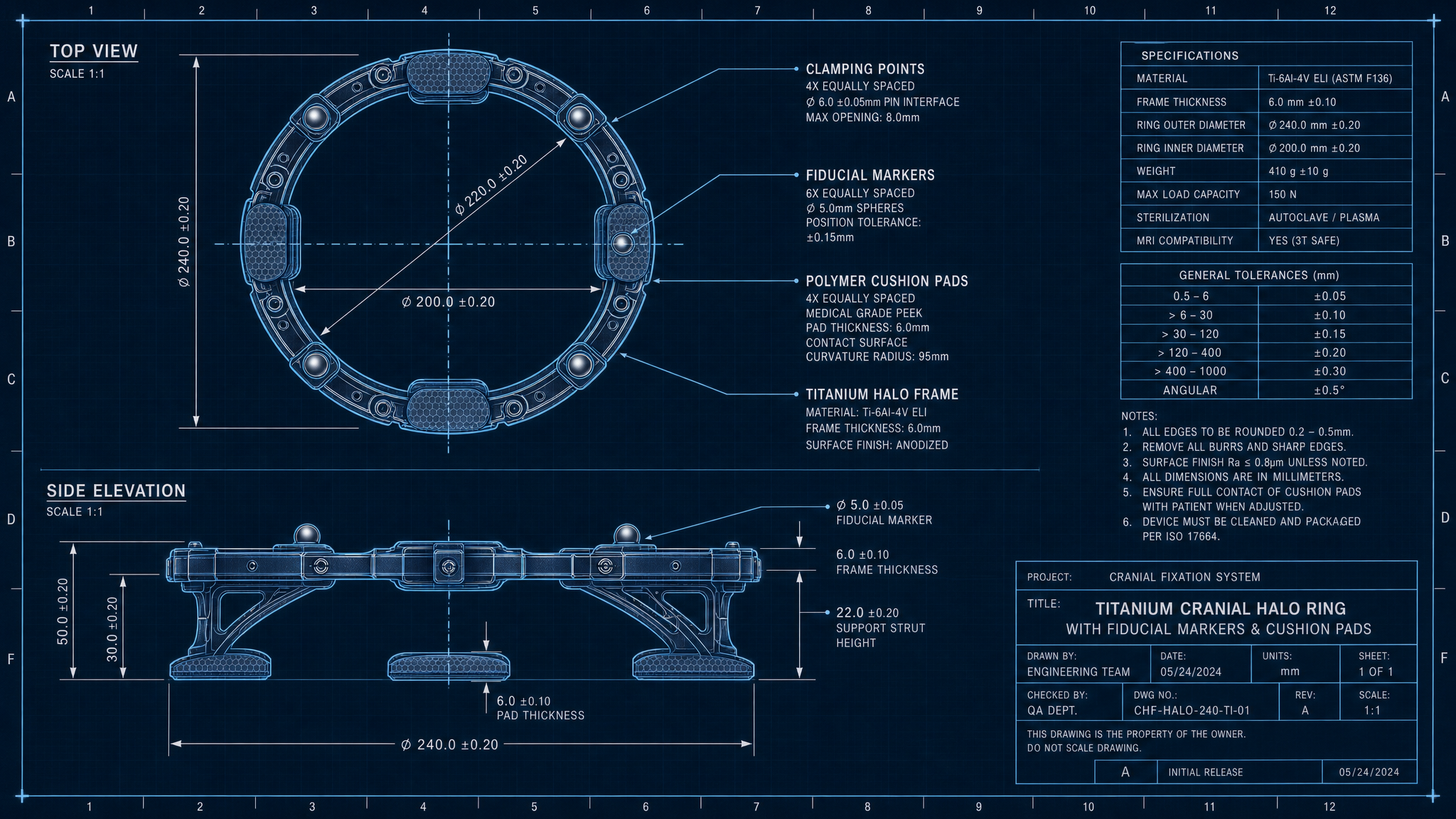 Top and side blueprint view of titanium cranial fixation halo