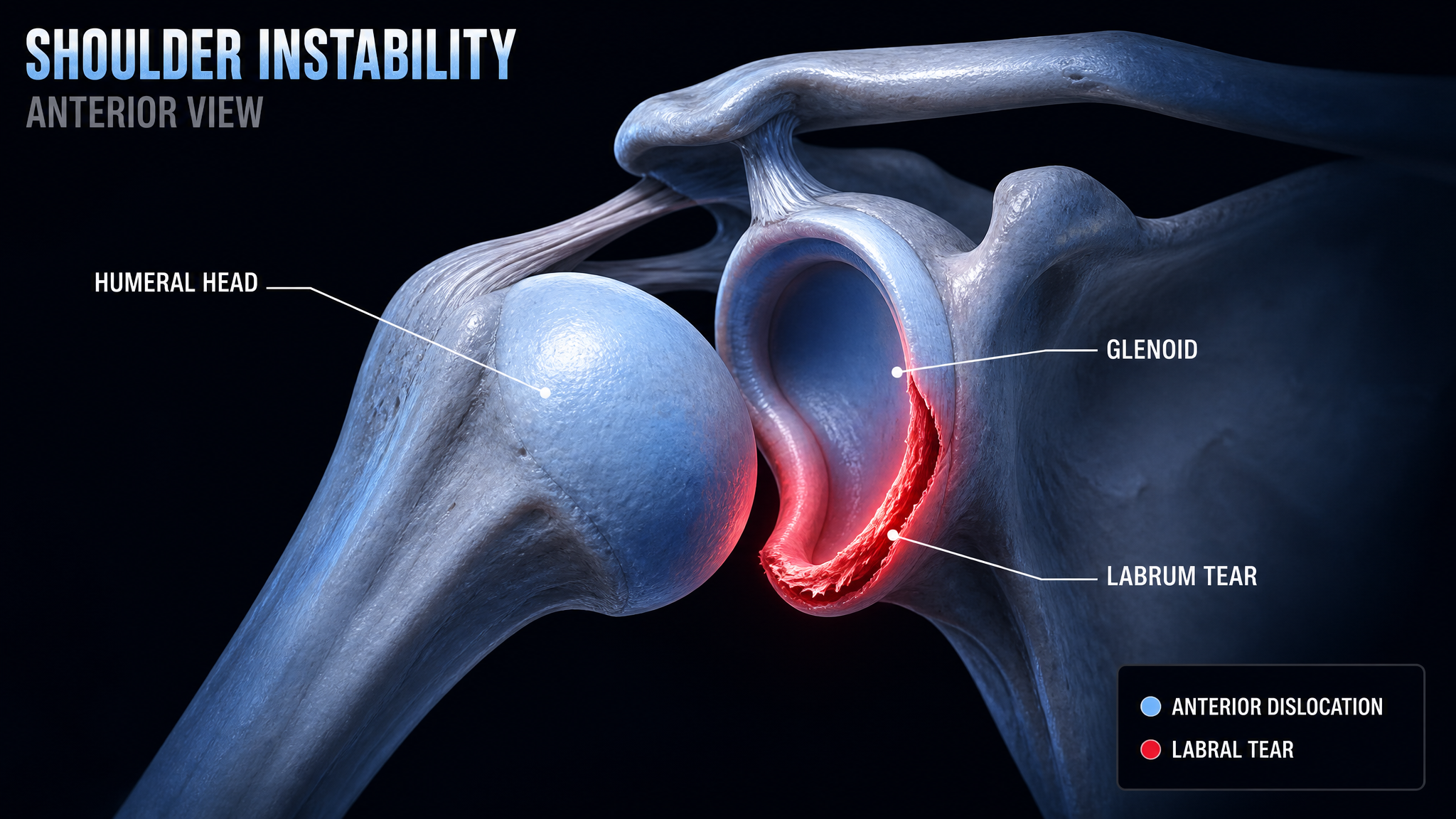 Shoulder diagram showing anterior dislocation of the humeral head out of the glenoid socket