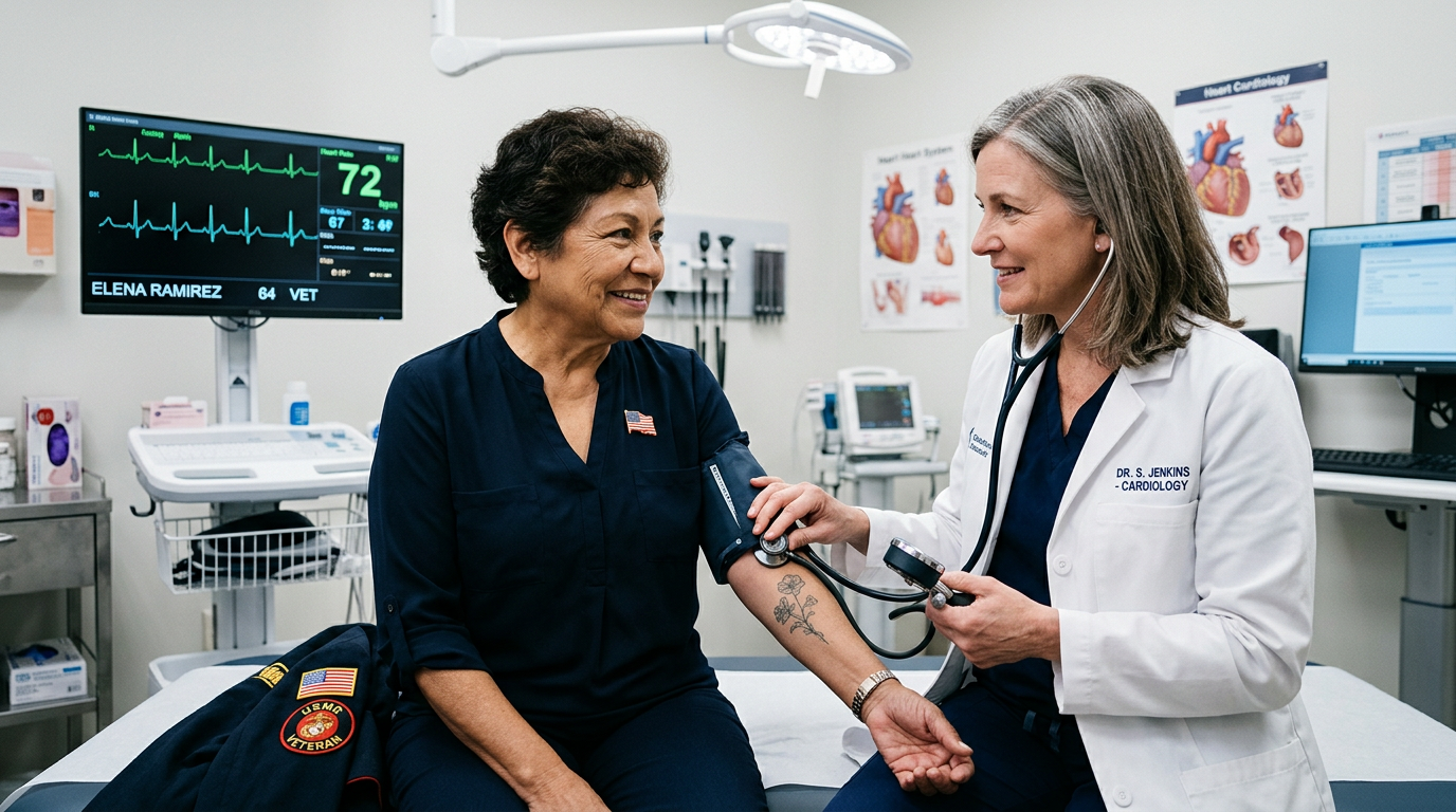 A woman veteran having her blood pressure and heart checked by a cardiologist