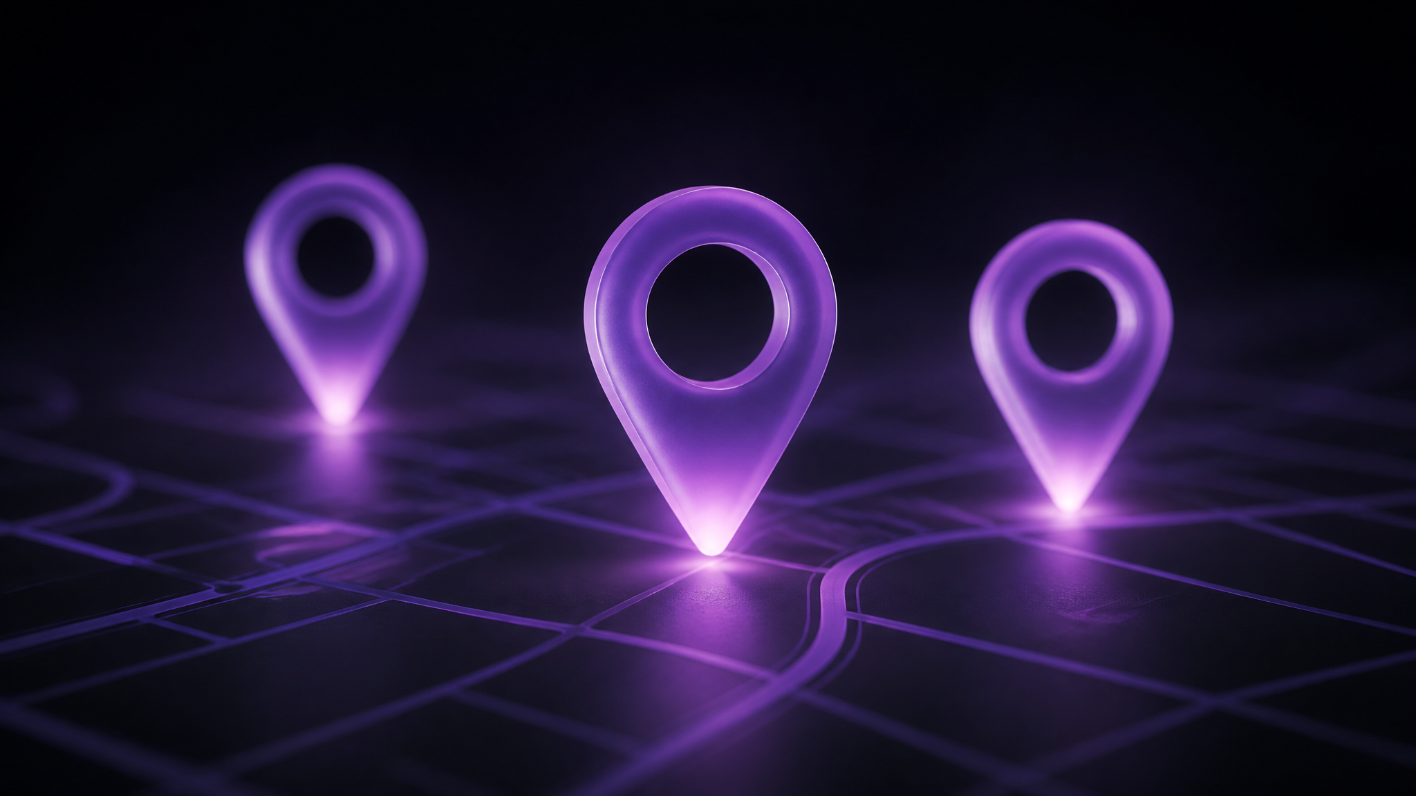 Three glowing violet frosted-glass map pins on a faint dark grid