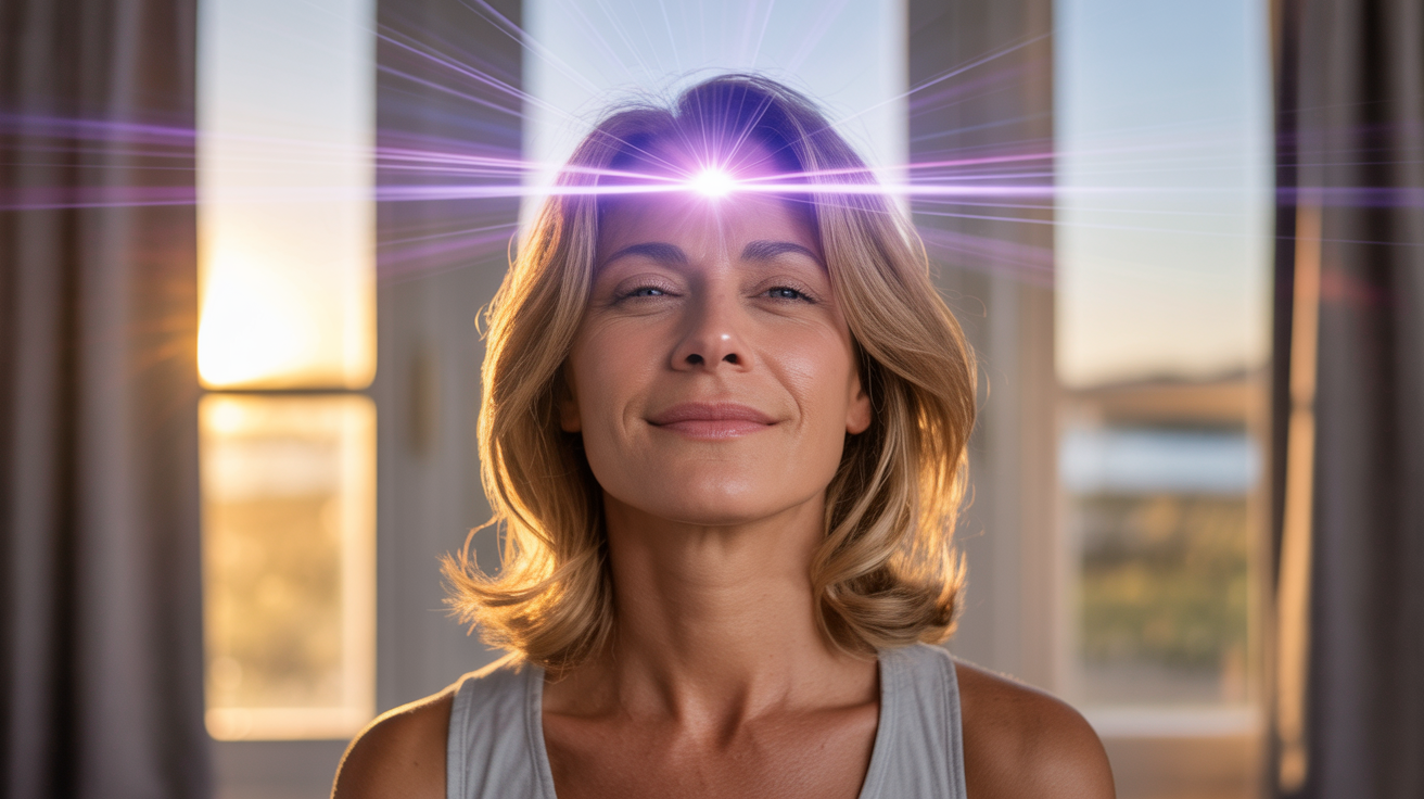 Žena u transcendentnom stanju posle meditacije. Svesnost kroz meditaciju – žena sa aktiviranim trećim okom i fokusom na unutrašnji mir, simbol buđenja svesti kroz disanje i meditativne prakse