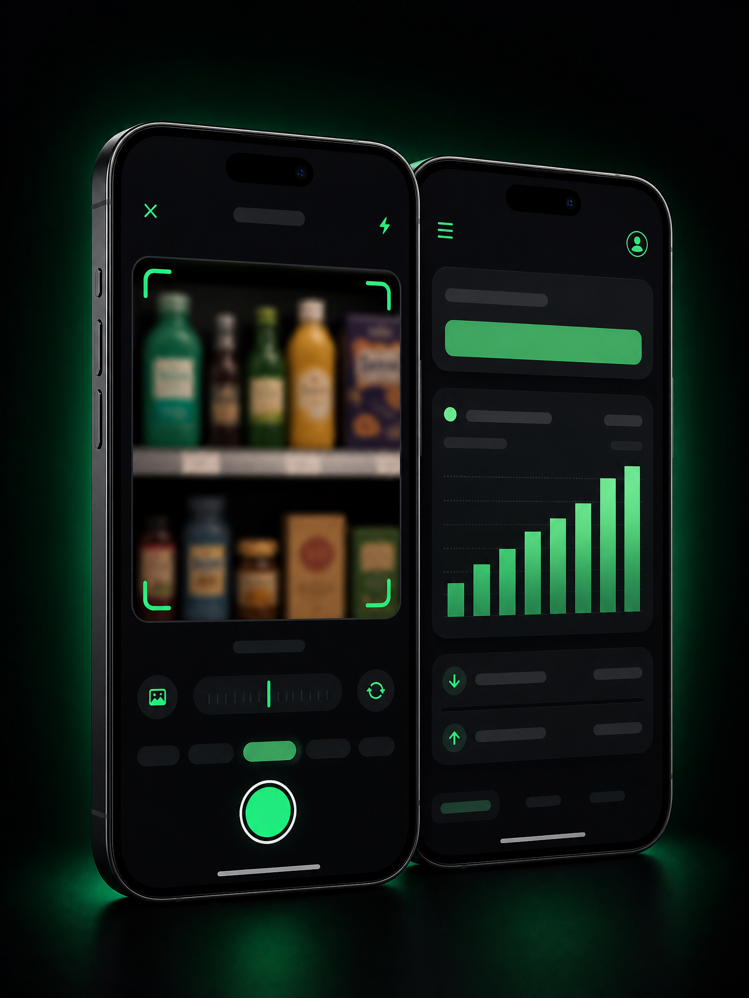 Two phones side by side: one capturing a shelf photo in the camera view, the other showing the wallet balance and earnings chart