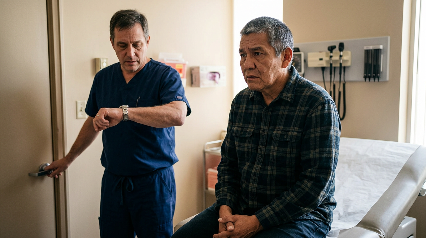 Veteran sitting on a clinic exam table while a hurried clinician glances at his wristwatch