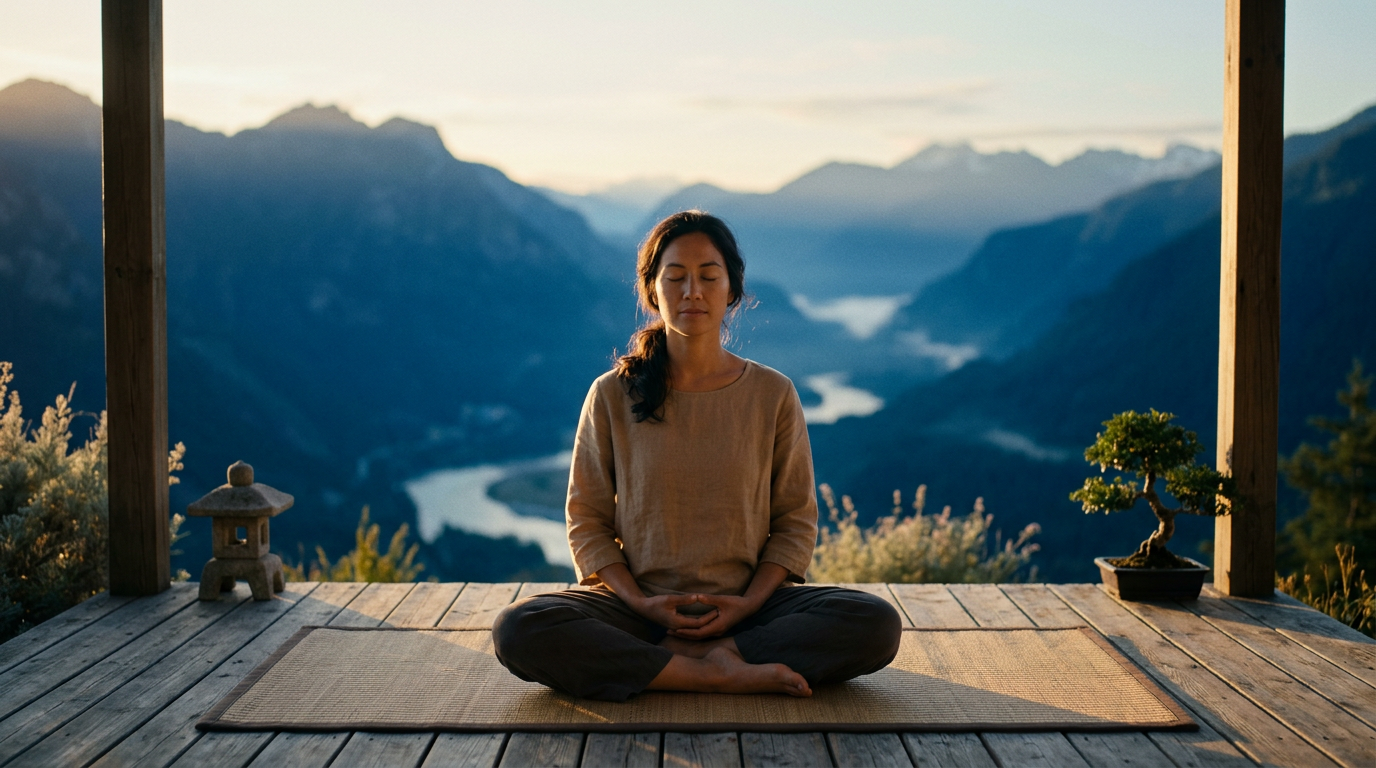 Pessoa meditando em ambiente tranquilo com luz suave e difusa, postura relaxada