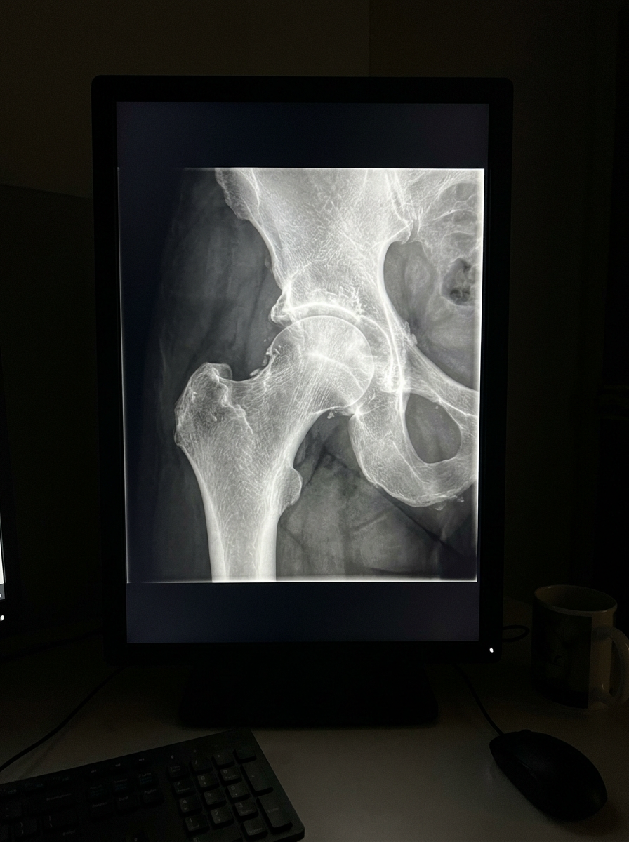 Hip X-ray displayed on a dark medical monitor showing the femoral head in the acetabulum with visible joint space narrowing and osteophytes