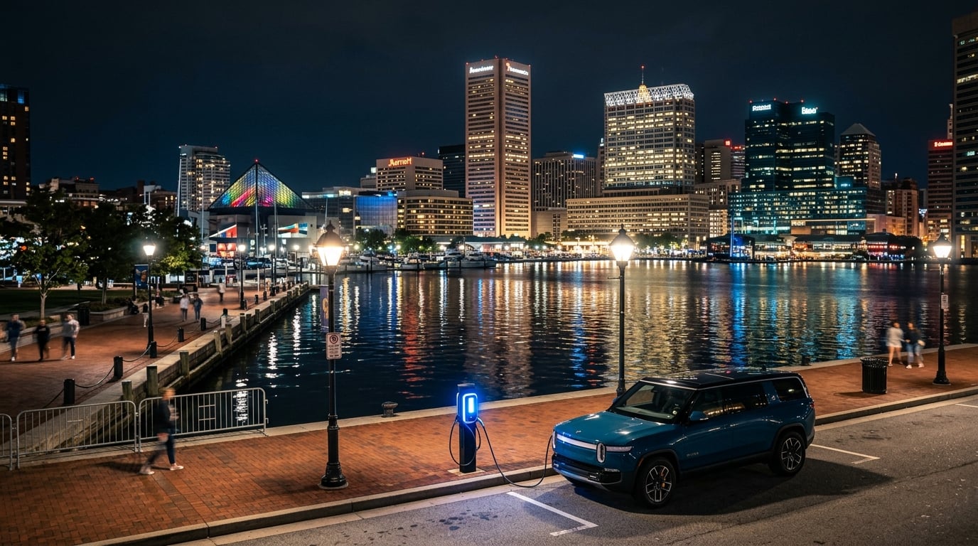 Electric vehicle charging at night in Baltimore Maryland with Inner Harbor skyline