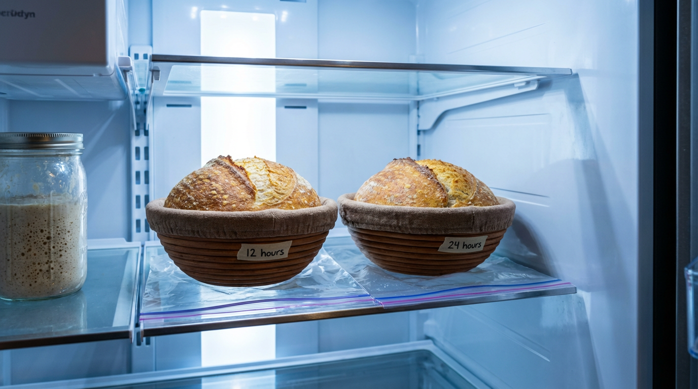 Interior of a refrigerator with two identical shaped sourdough boules in brown woven bannetons covered with clear plastic bags, one labelled 12 hours and the other 24 hours, alongside a jar of ripe starter on a neighbouring shelf