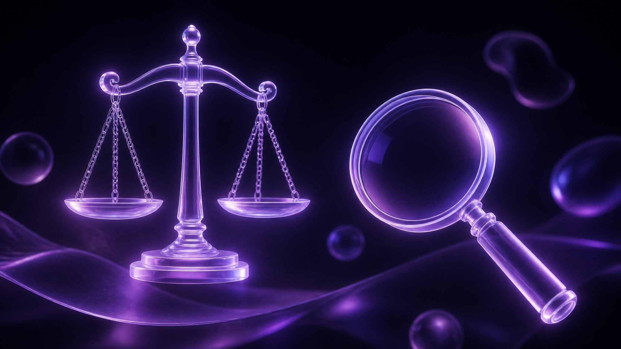 A translucent violet frosted-glass balance scale beside a glowing magnifying glass, floating in the dark