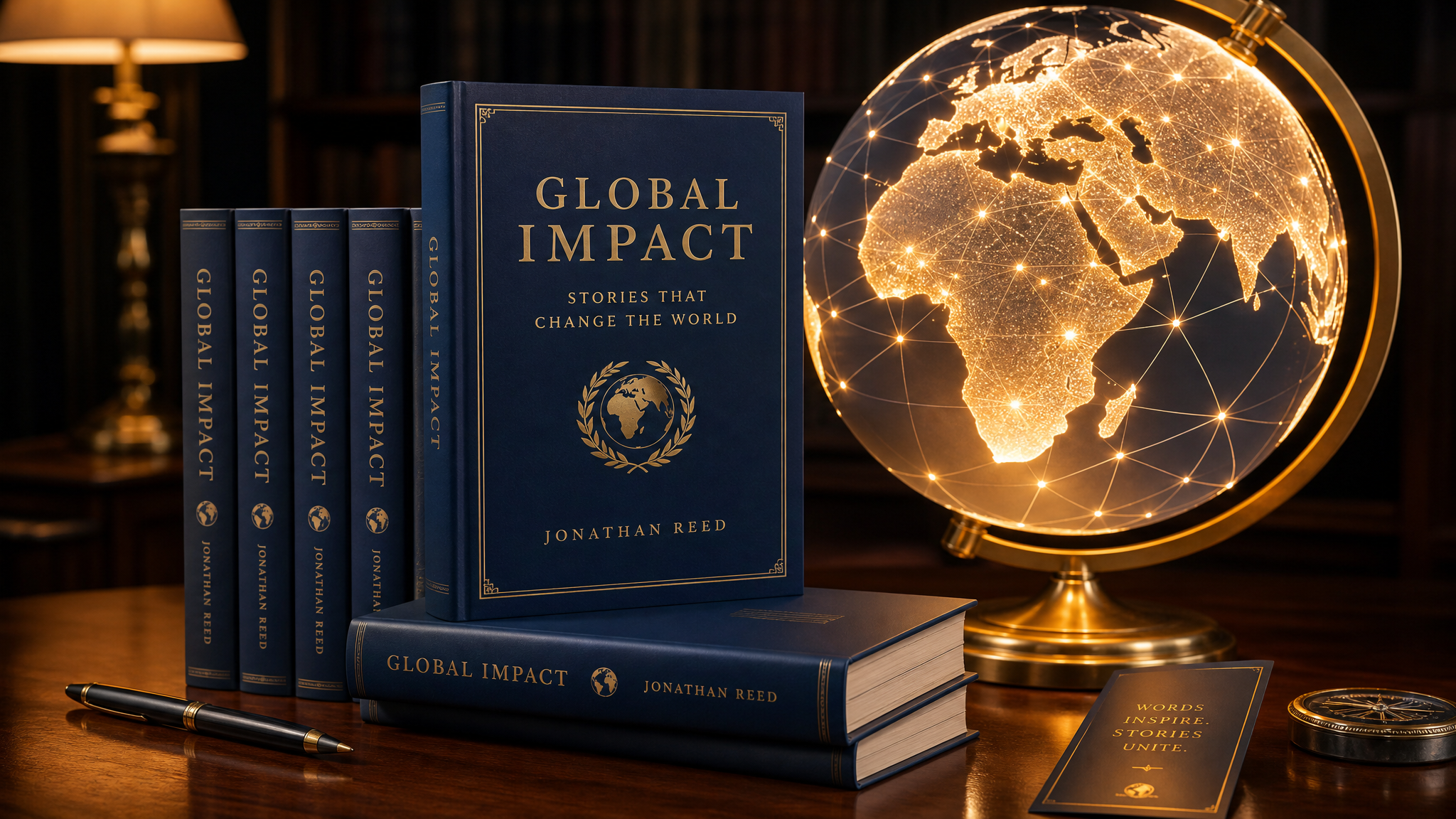 Books and a glowing globe symbolizing global distribution