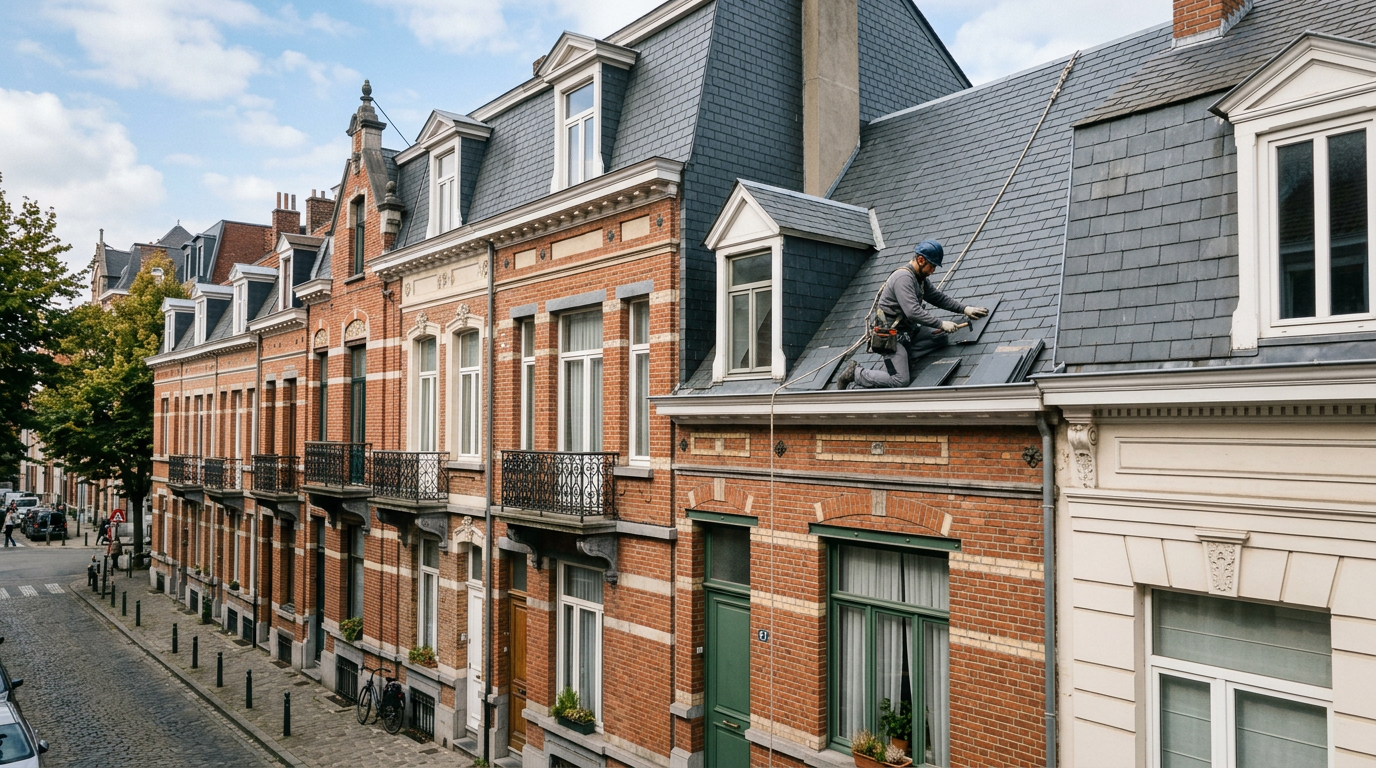 Brussels townhouses with slate mansard roofs