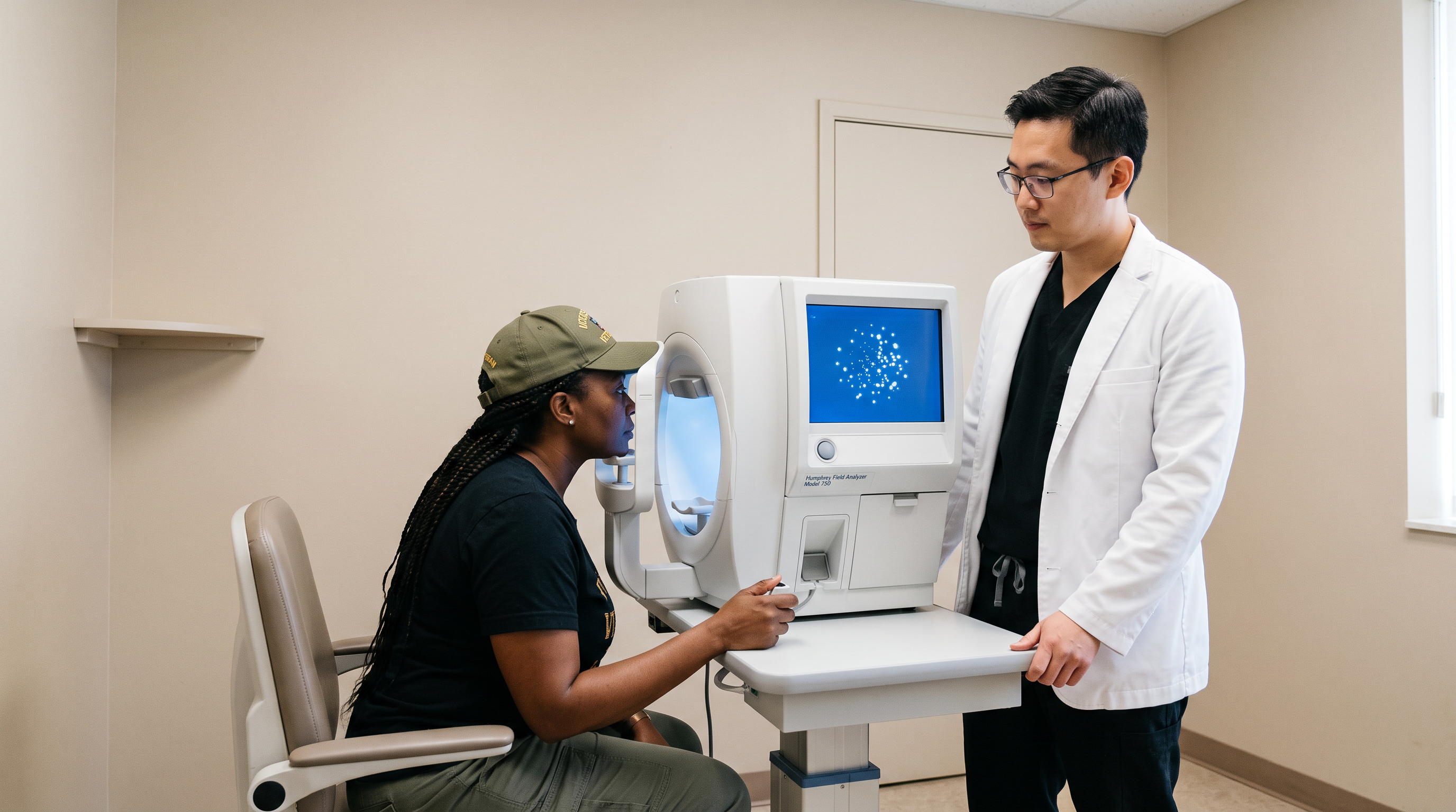 Optometrist performing a visual field perimetry test on a veteran using an automated perimeter device