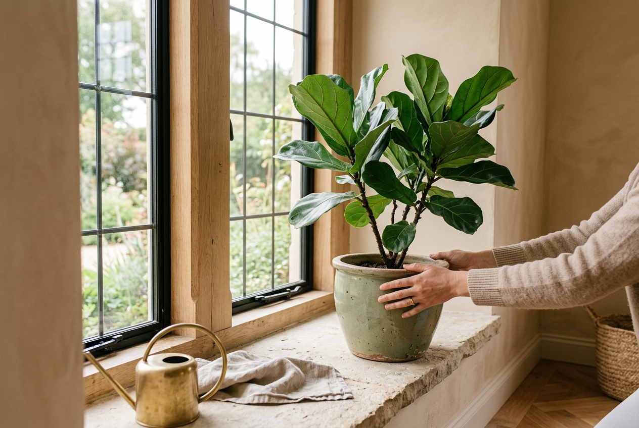 Potted fiddle-leaf fig being turned toward soft window light