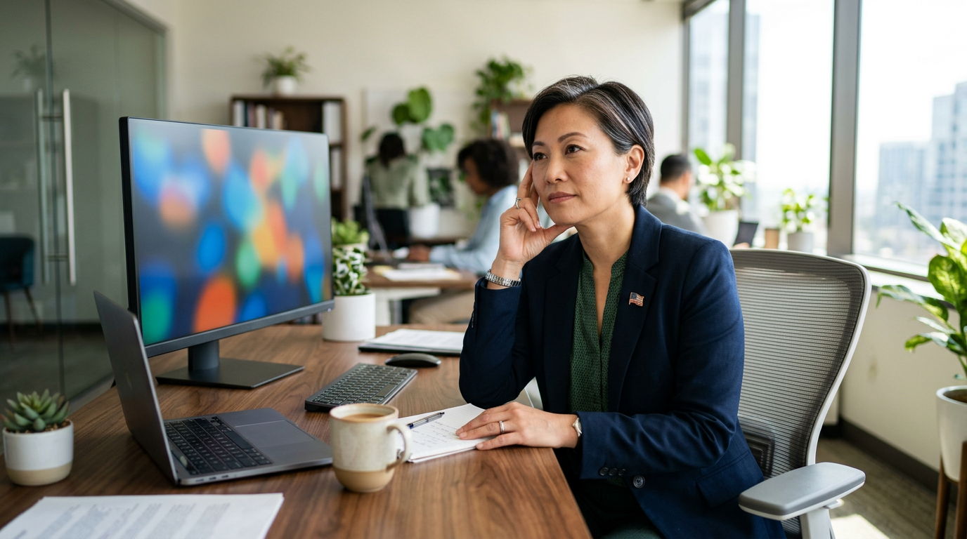 East Asian woman veteran in her 40s pausing from work at a desk, hand to temple, in a professional office