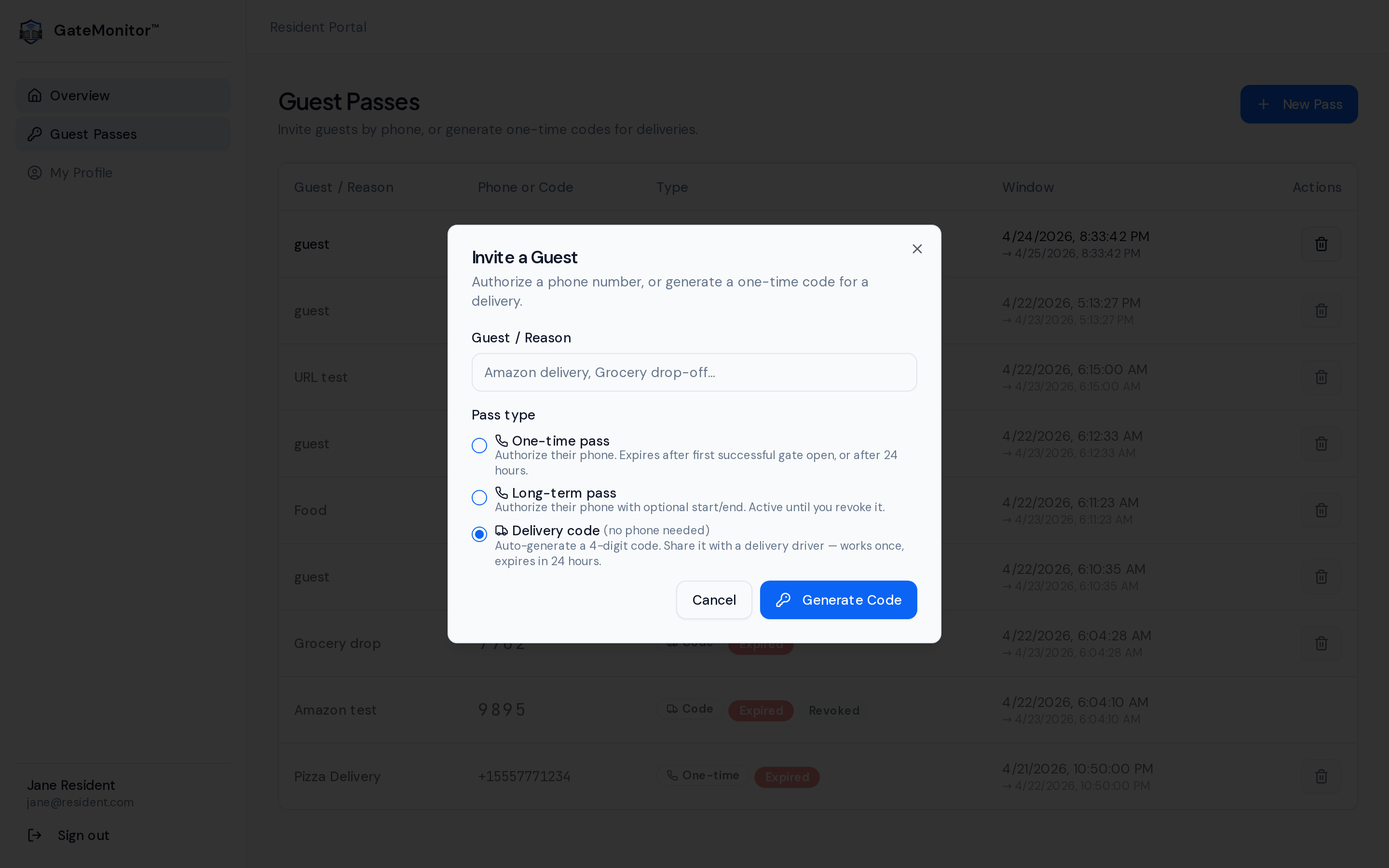 Invite a Guest modal with Delivery code selected — no phone needed, auto-generates a 4-digit code